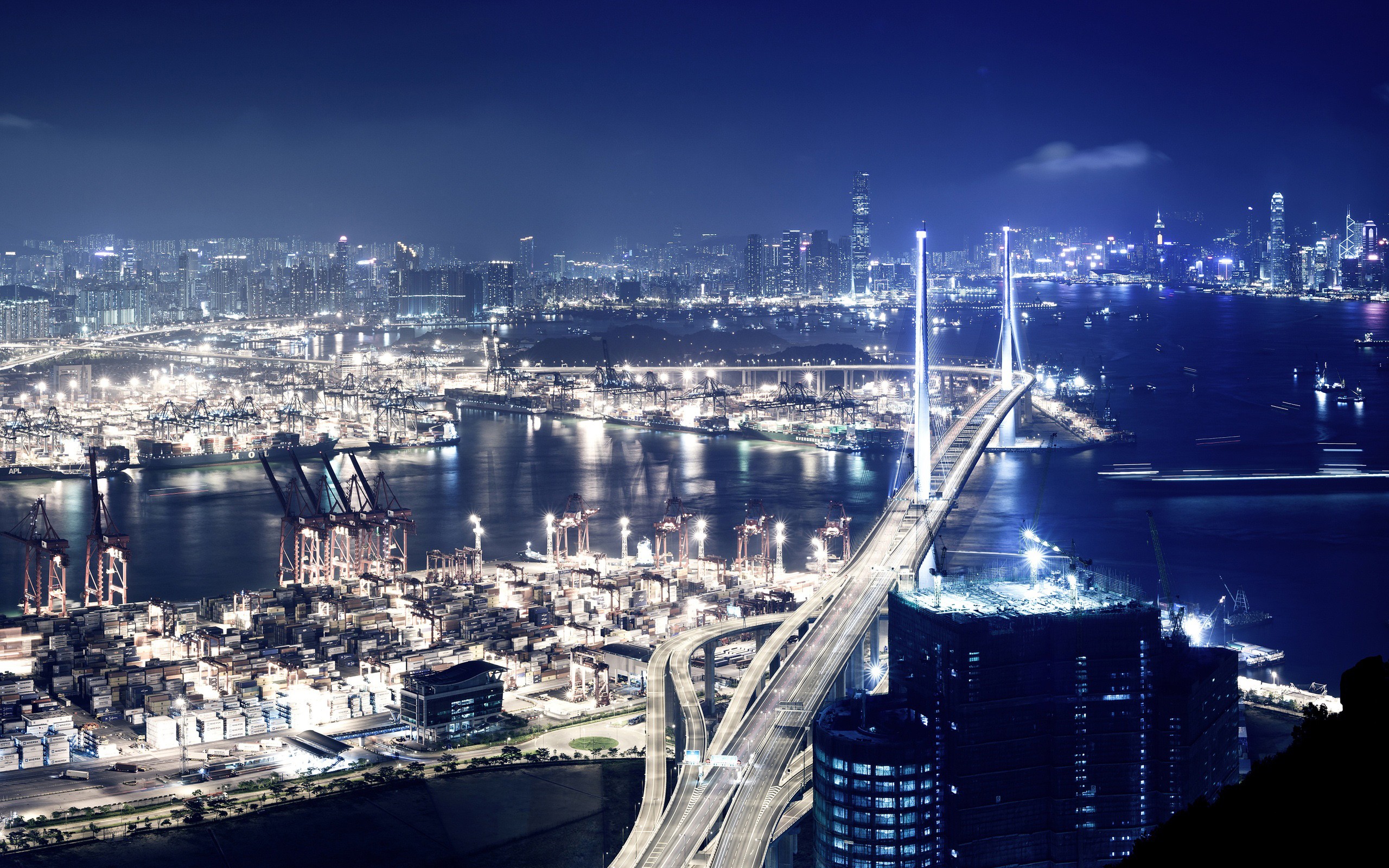 Hong Kong Cityscape Artificial Lights Harbor Night 2560x1600