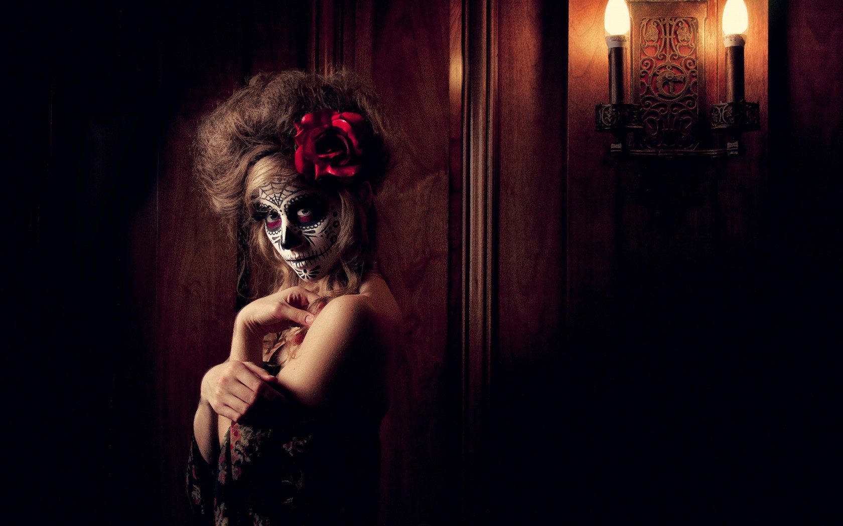 Women Sugar Skull Flower In Hair Candles Bare Shoulders Fantasy Girl Makeup Model Dia De Los Muertos 1680x1050