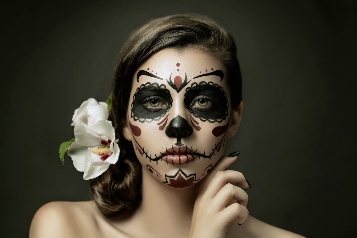 Sugar Skull Women Dia De Los Muertos Brunette Face Paint Flower In Hair Green Eyes 1200x800