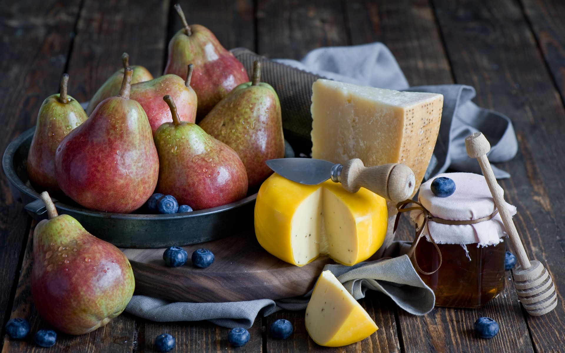 Food Lunch Photography Colorful Pears Cheese Honey Wooden Surface Blueberries Fruit 1920x1200