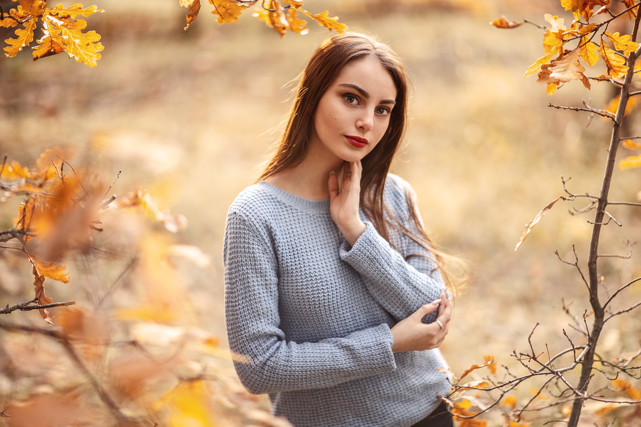Women Model Brunette Long Hair Portrait Outdoors Fall Leaves Forest Looking At Viewer Red Lipstick S 2560x1707