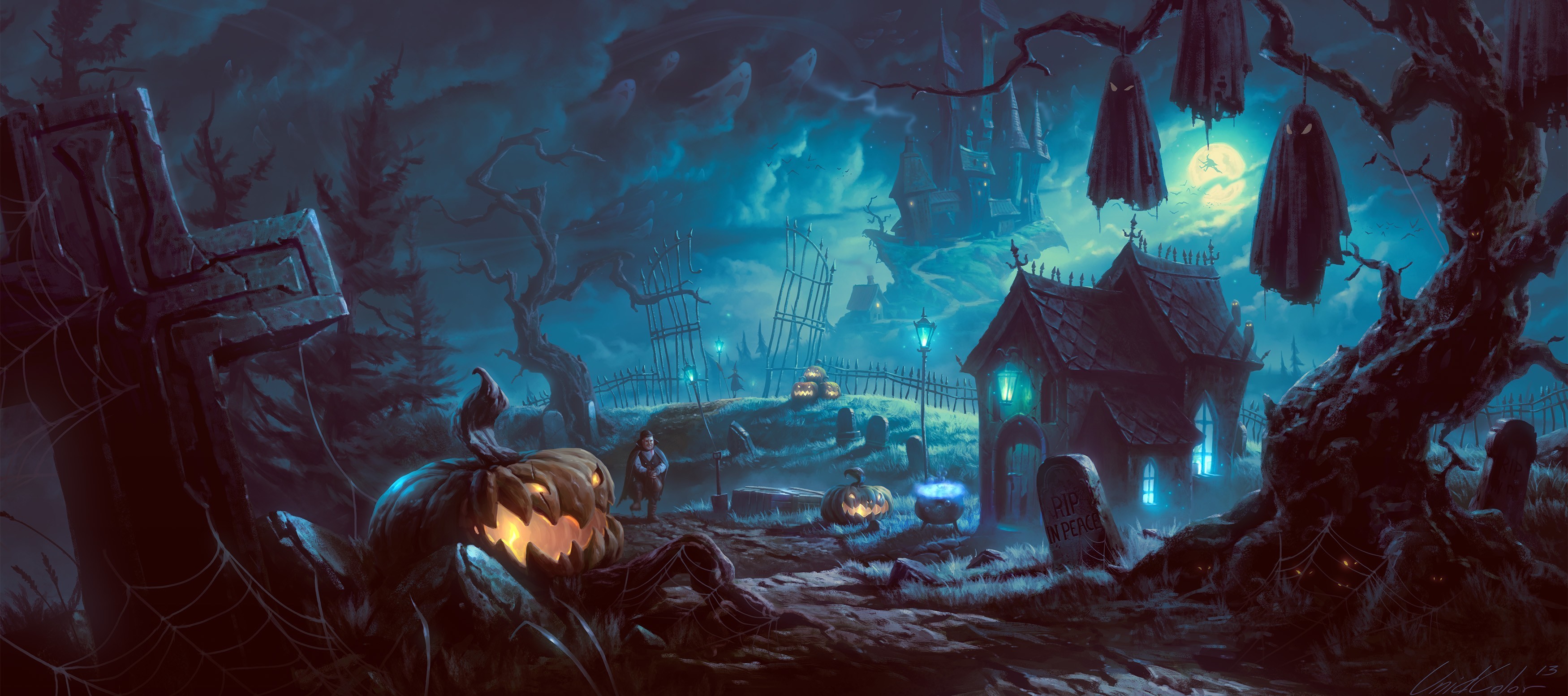 Artwork Fantasy Art Halloween Pumpkin Forest Cyan Graveyards Castle 3500x1553
