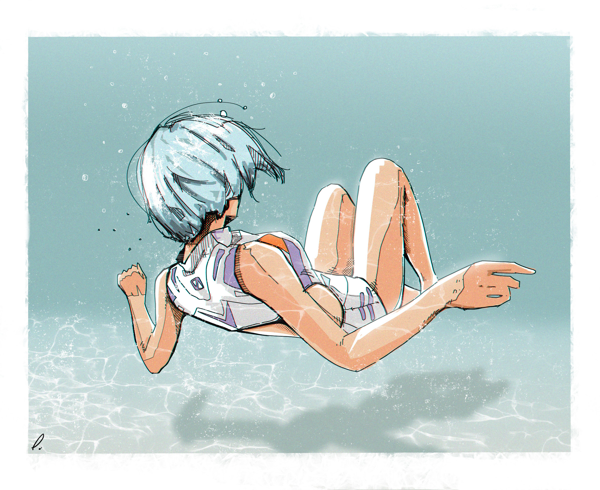 Neon Genesis Evangelion Anime Girls 2D Underwater Short Hair Blue Hair Ayanami Rei Plugsuit Sergey O 1920x1569