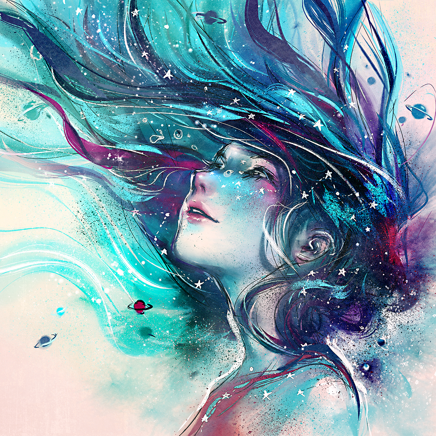 Yuumei Painting Women Stars Galaxy Wavy Hair Planet Digital Art Tribute 1500x1500