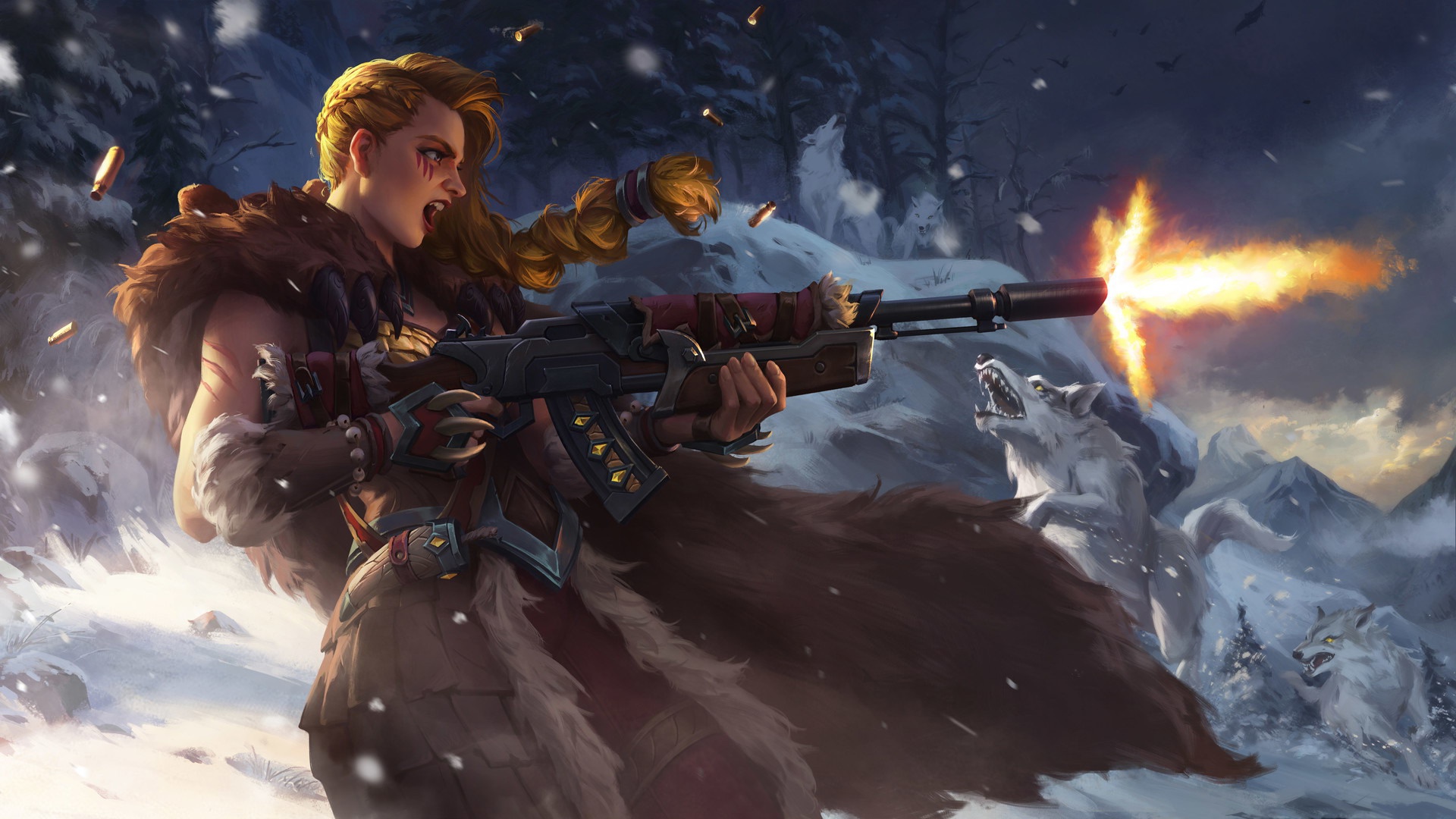 Digital Art Women Blonde Winter Wolf Shooting Illustration Weapon Warrior Girls With Guns Paladins C 1920x1080