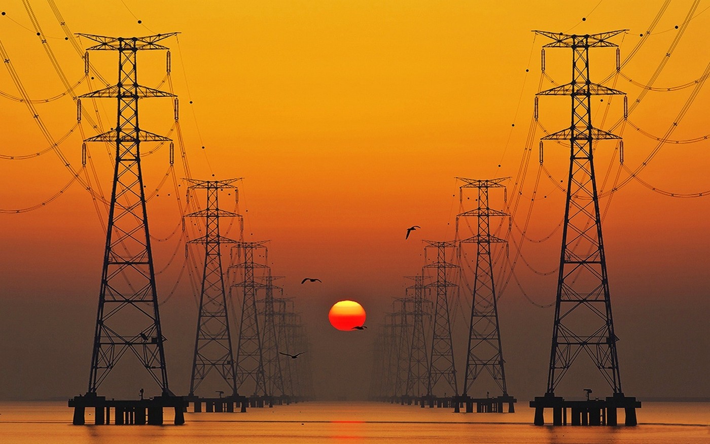 Nature Landscape Lake Birds Power Lines Flying Electricity Tower Red Orange Mist Yellow South Korea  1400x875