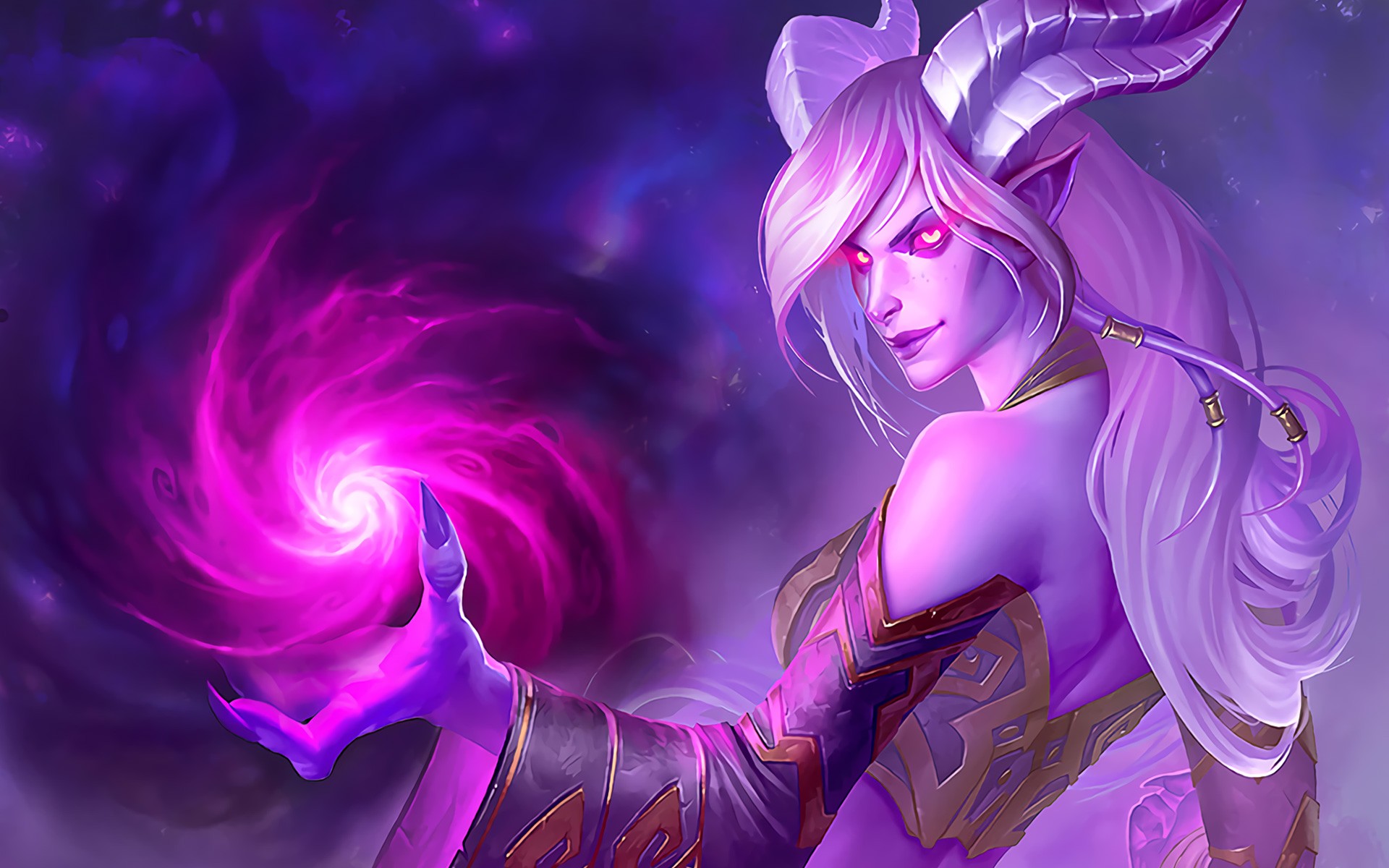 Whispers Of The Old Gods Hearthstone PC Gaming Fantasy Girl Pink Eyes Fantasy Art Horns 1920x1200