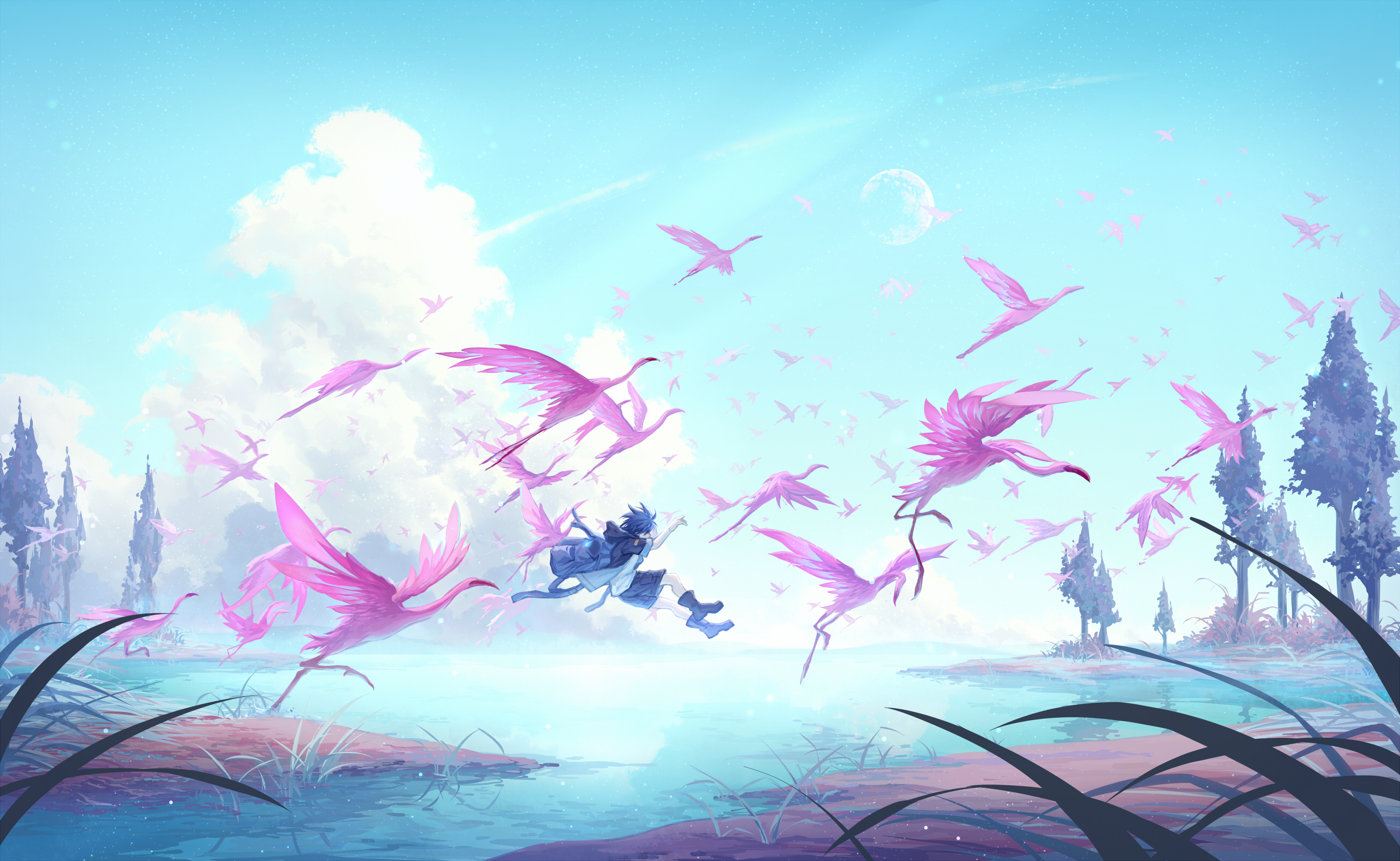 Artwork Flamingos Anime Boys Clouds Sky Lake Trees 2600x1600