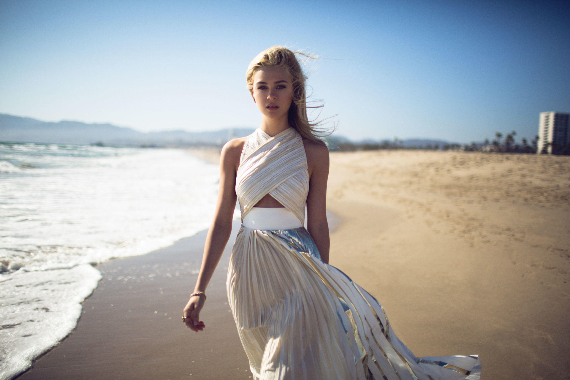 Nicola Peltz Women Actress Blonde Beach Sea White Clothing Sky Windy 1920x1280