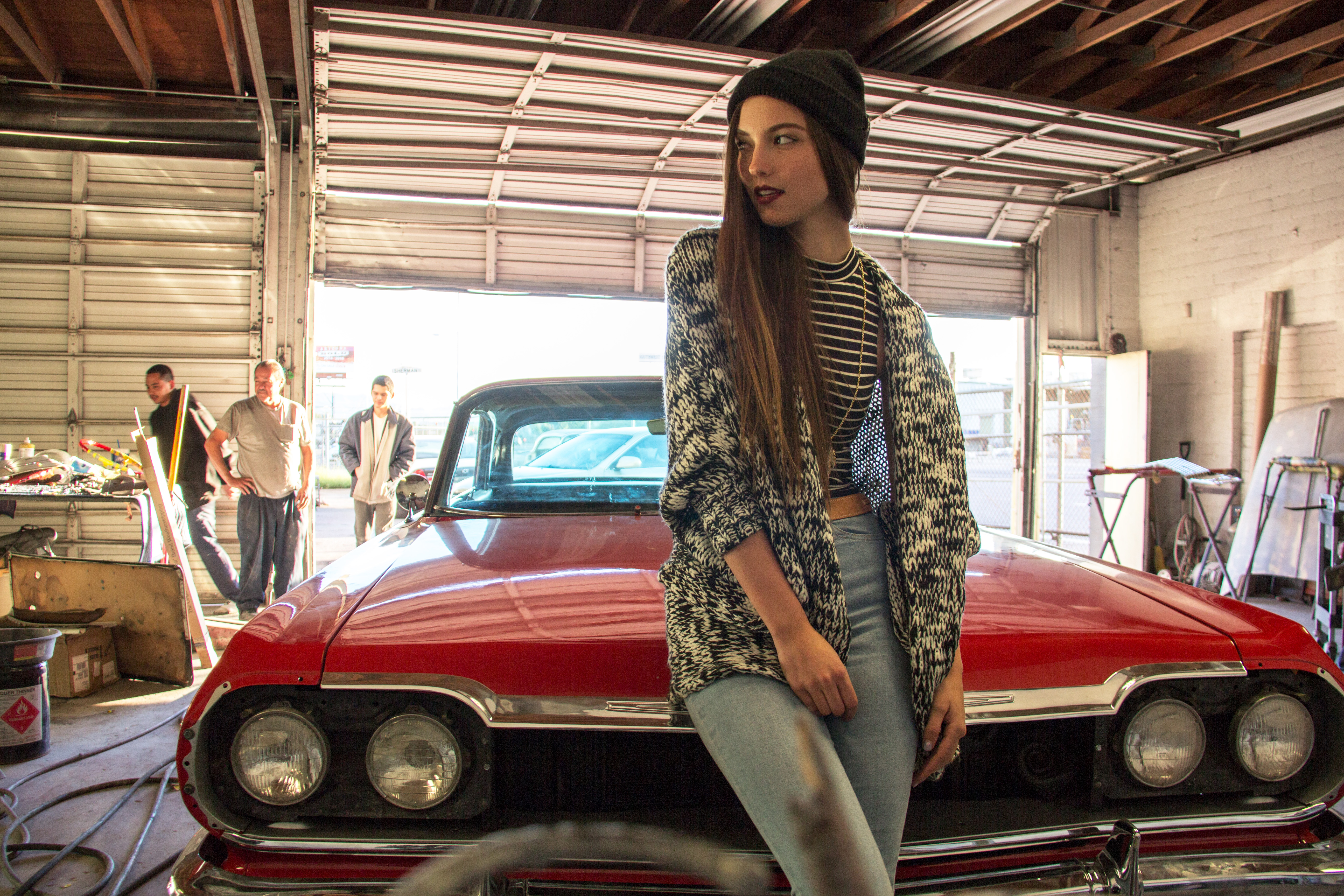 Savvy Taylor Model Hat Sweater Jeans Striped Clothing Brunette Long Hair Car Women With Cars 5184x3456