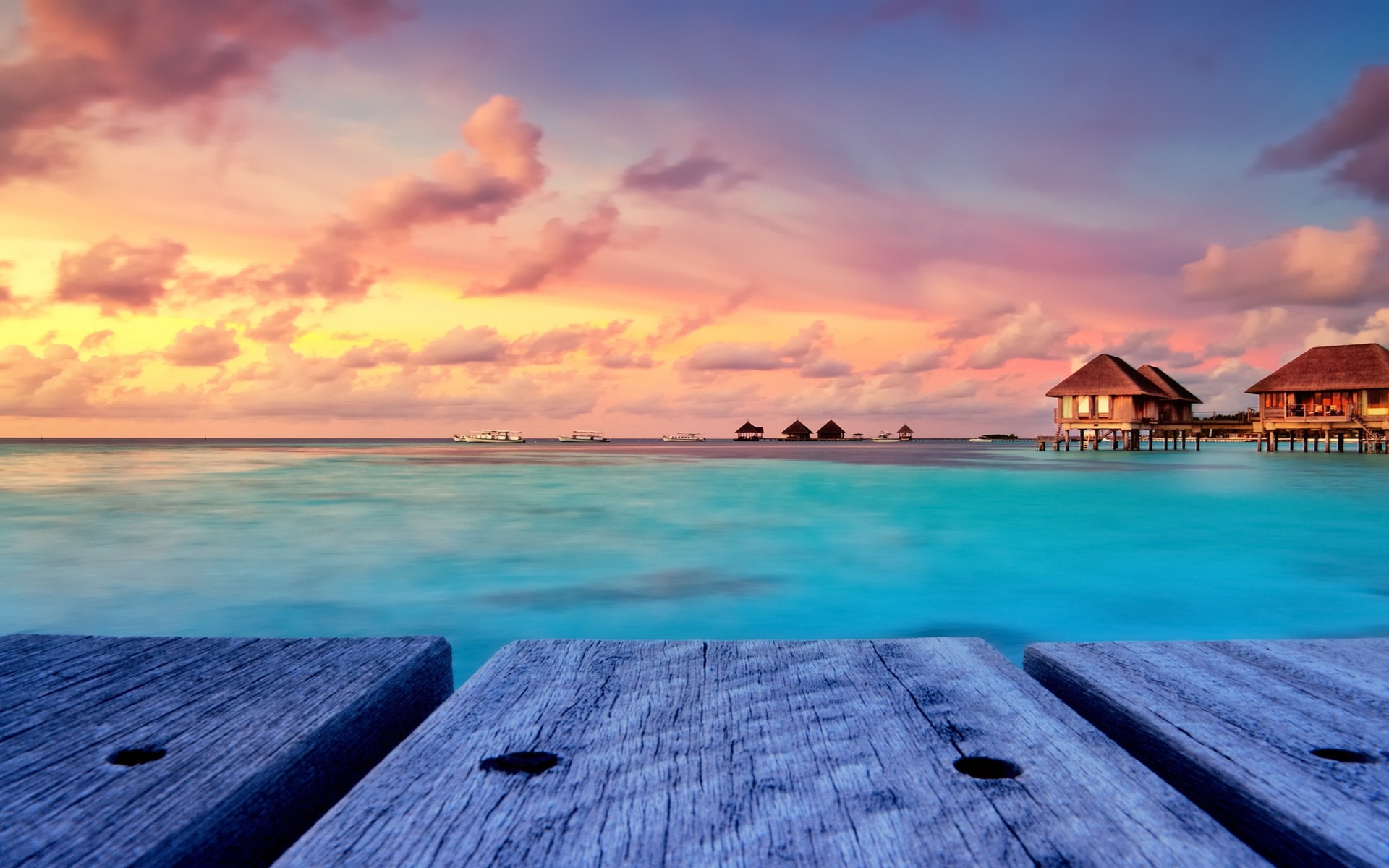 Tropical Beach Nature Sunset Landscape Bungalow Maldives Resort Sky Walkway Island Clouds Turquoise  1920x1200