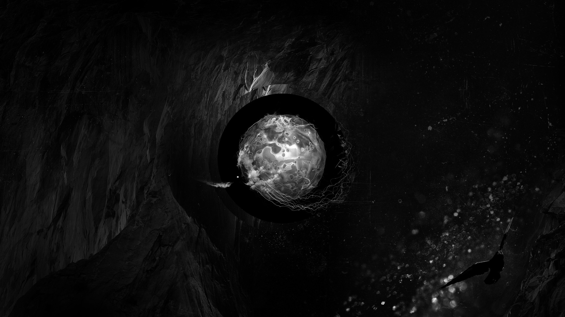 Digital Art Minimalism Monochrome Abstract Globes Sphere Circle Birds Dark Cave 1920x1080