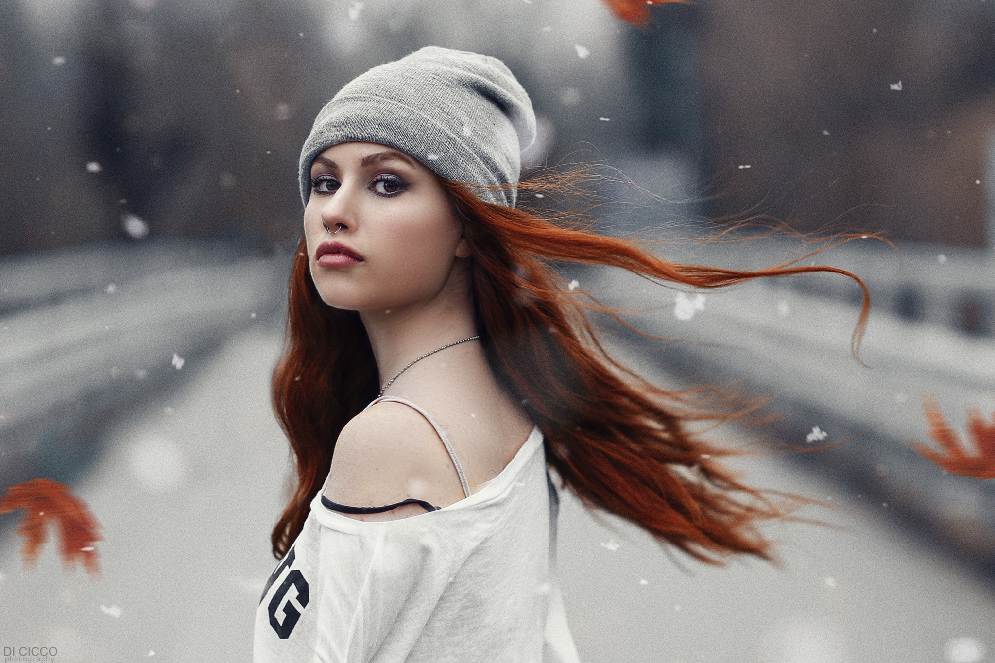 Women Redhead Portrait Snow Bare Shoulders Alessandro Di Cicco Valentina Galassi 2048x1365