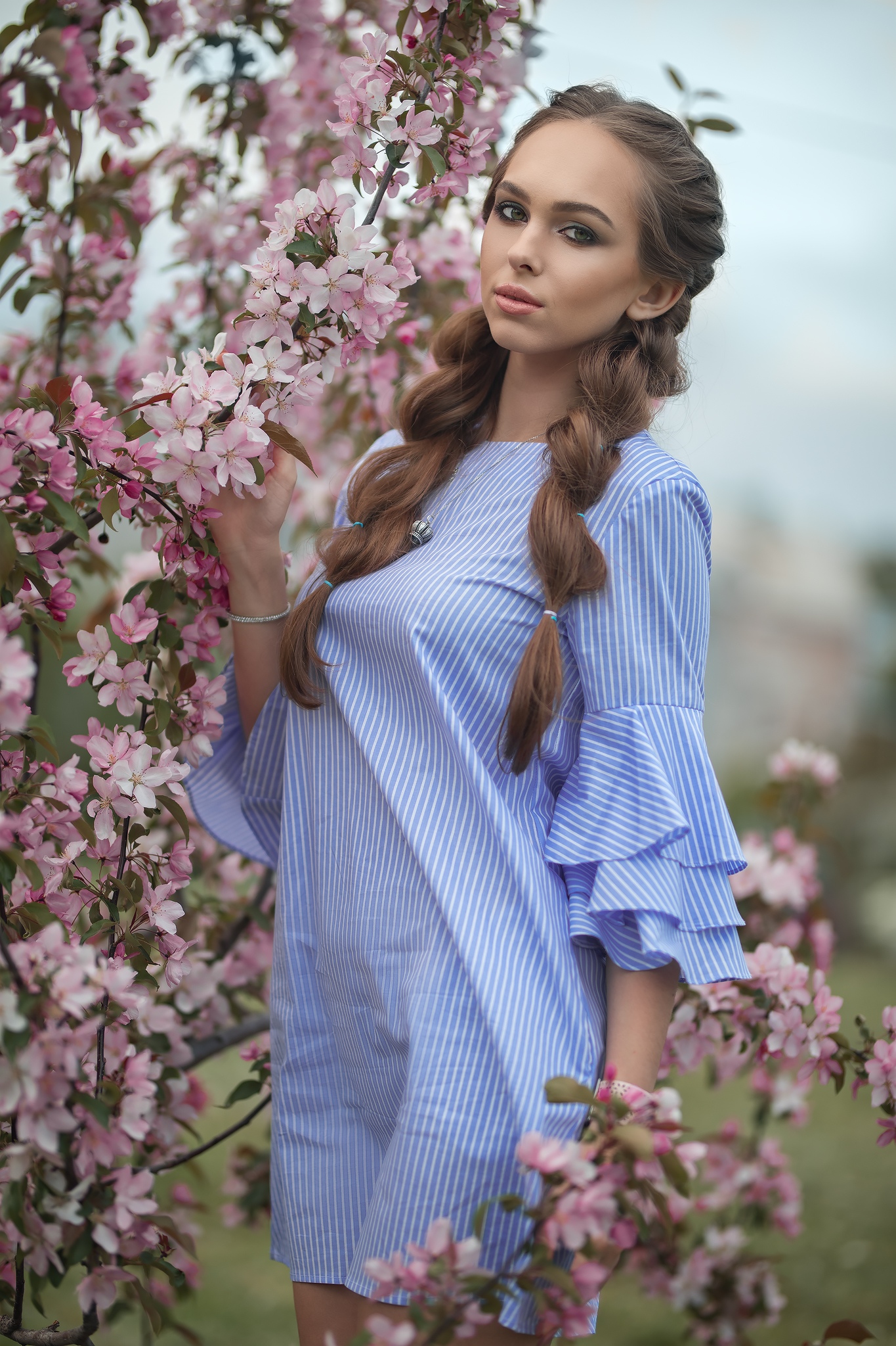 Dmitry Shulgin Women Women Outdoors Brunette Long Hair Braids Striped Clothing Portrait Display 1365x2048
