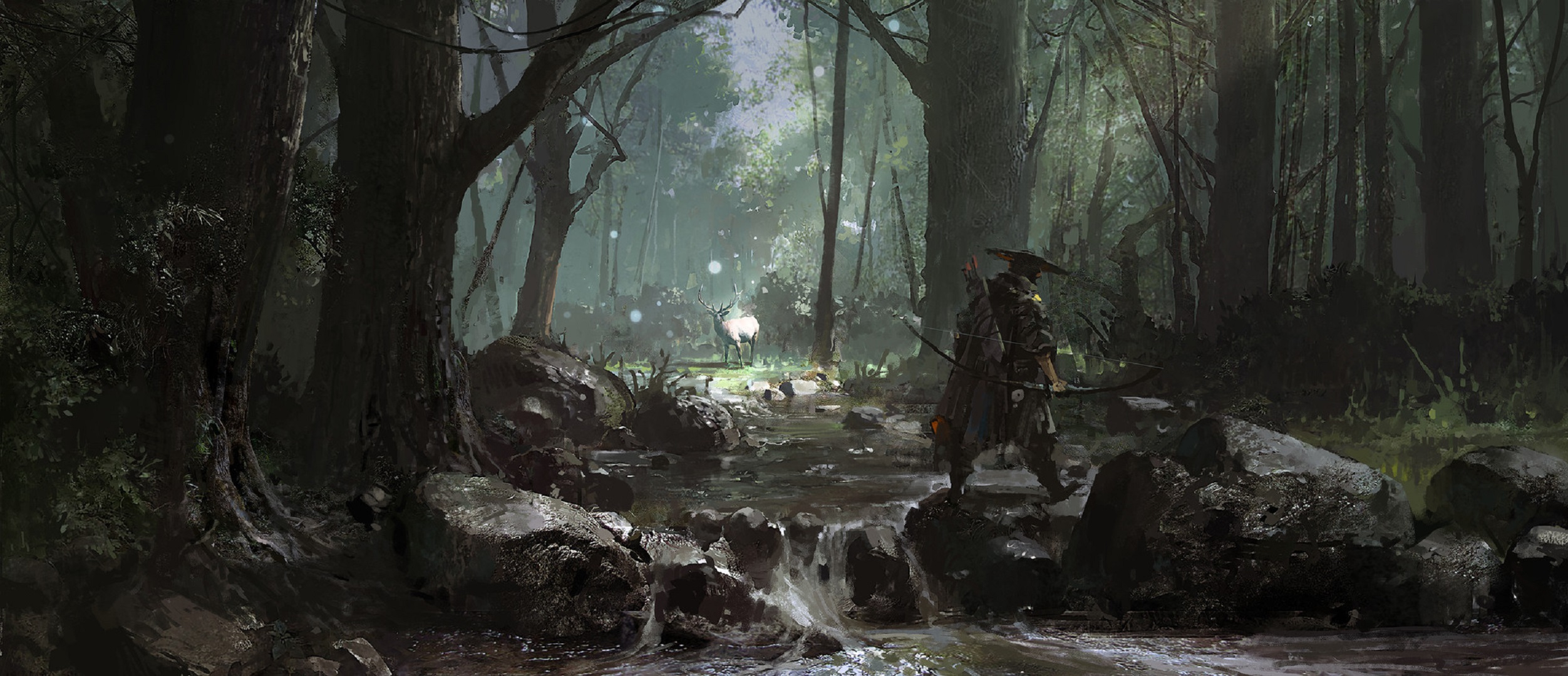 Digital Art Hunter Warrior Landscape Arc River Forest Fantasy Art Deer Su Jian 2504x1080
