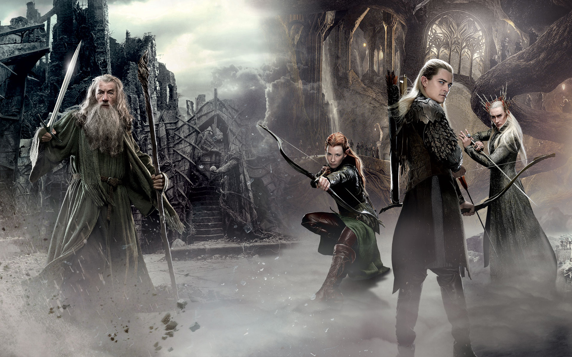 The Hobbit The Desolation Of Smaug Gandalf Elf Legolas Tauriel Thranduil Fog 1920x1200