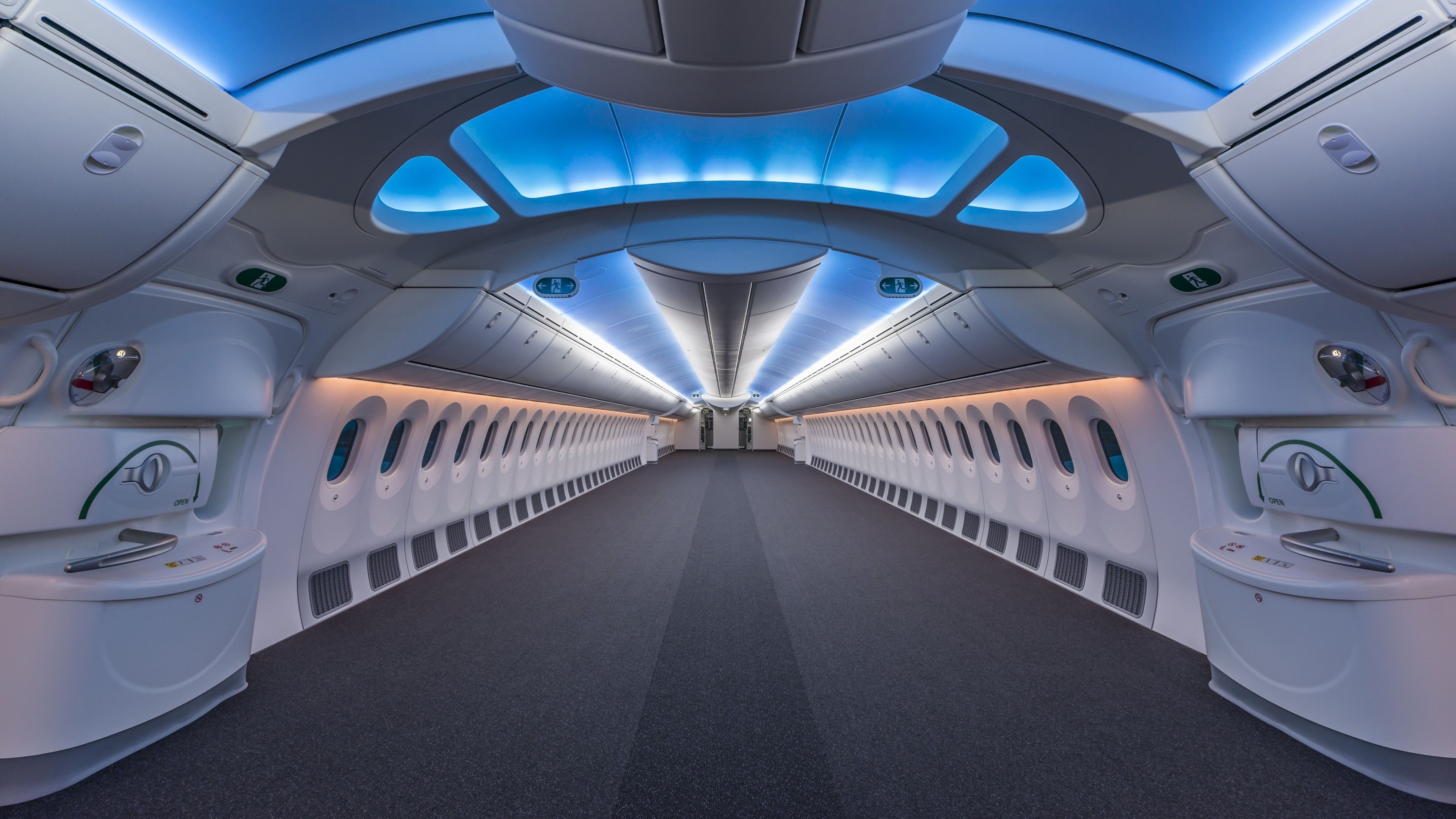 Symmetry Interior Modern Airplane Boeing Jet Fighter Window Luxury Boeing 787 Cyan Blue 3840x2160