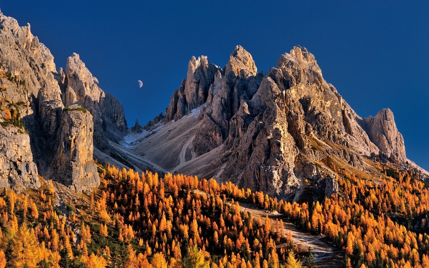 Nature Landscape Moon Blue Sky Mountains Forest Fall Dolomites Mountains Italy Trees 1400x875