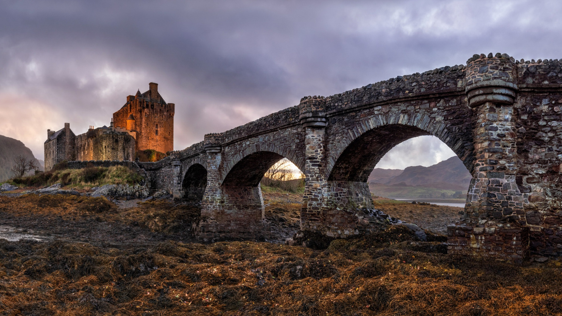 Architecture Castle Medieval Scotland Eilean Donan Bridge Old Bridge Rock Clouds Arch Hills 1920x1080
