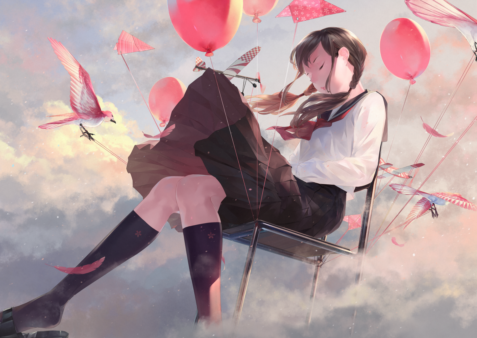Anime Girls Sitting Balloon Birds Pigtails Original Characters Braids School Uniform 2D Closed Eyes  1525x1080