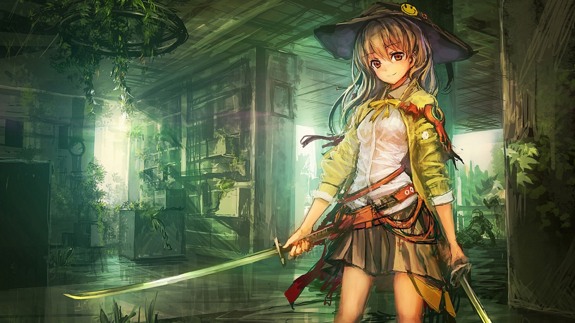 Anime Katana Skirt Long Hair Op Center Original Characters 1920x1080