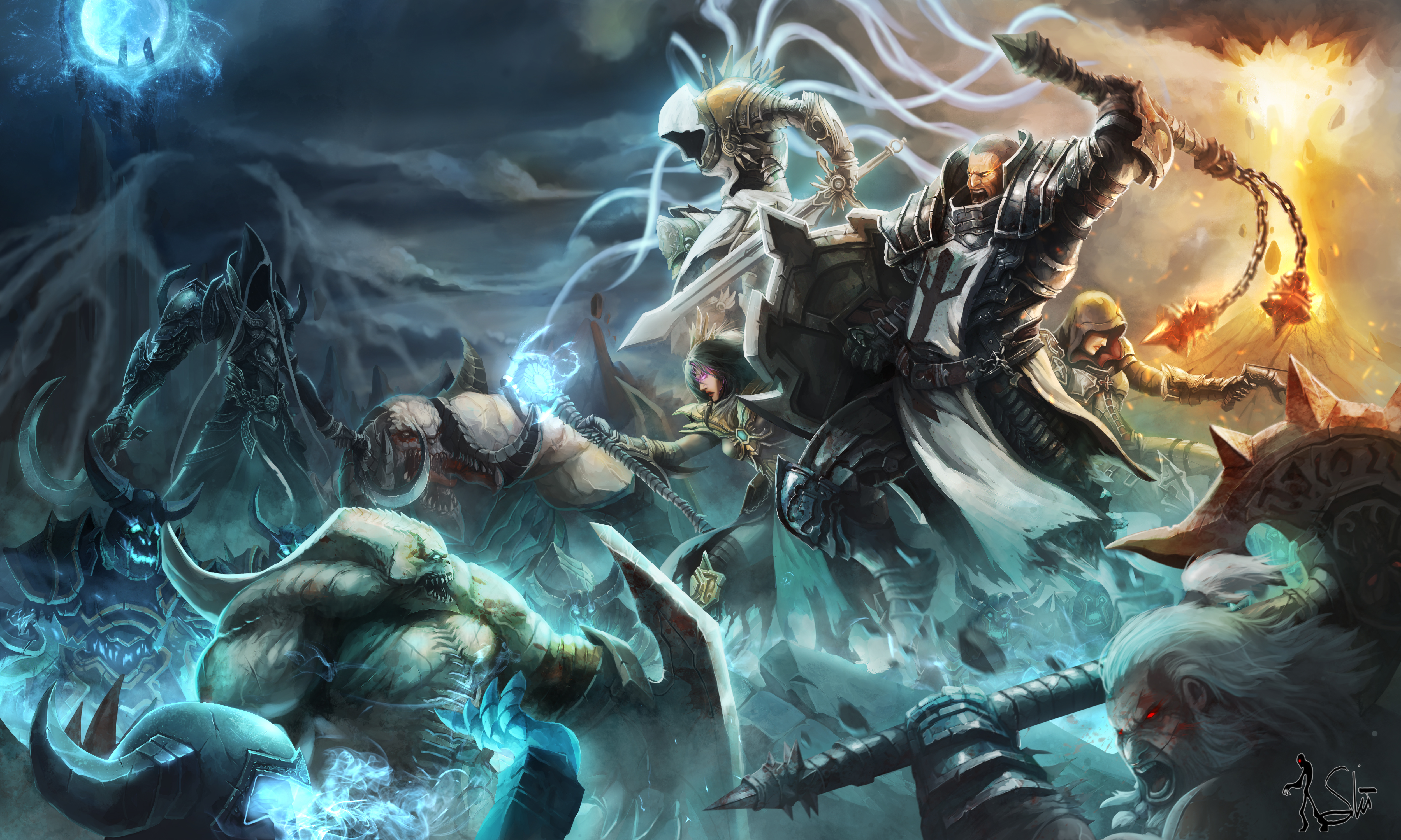 Digital Art Artwork Diablo Diablo Iii Video Games Tyrael Malthael Angel Wings Barbarian Demon Hunter 5000x3000