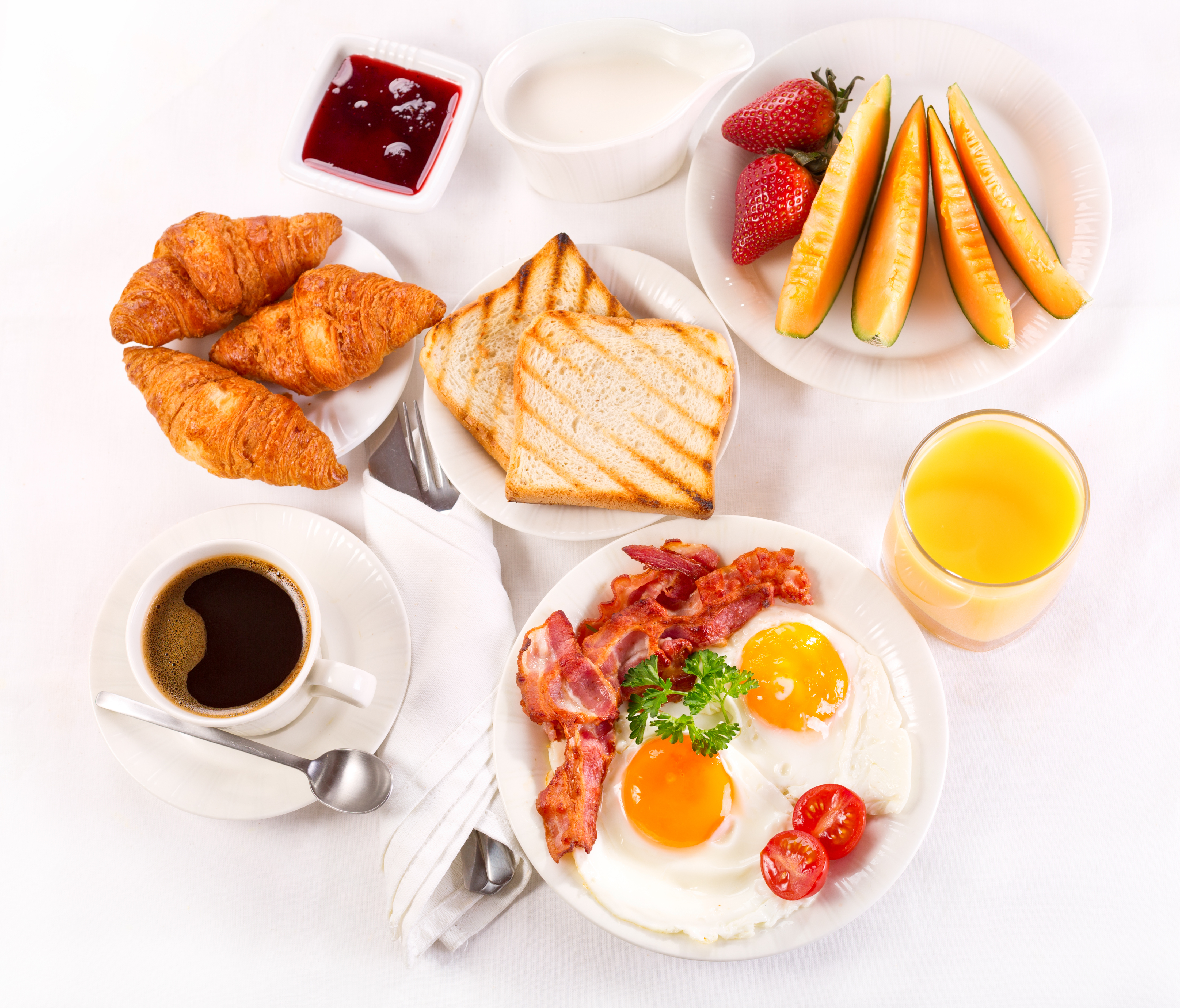 Breakfast Coffee Cup Croissant Strawberry Juice Toast Egg Bacon 4410x3768