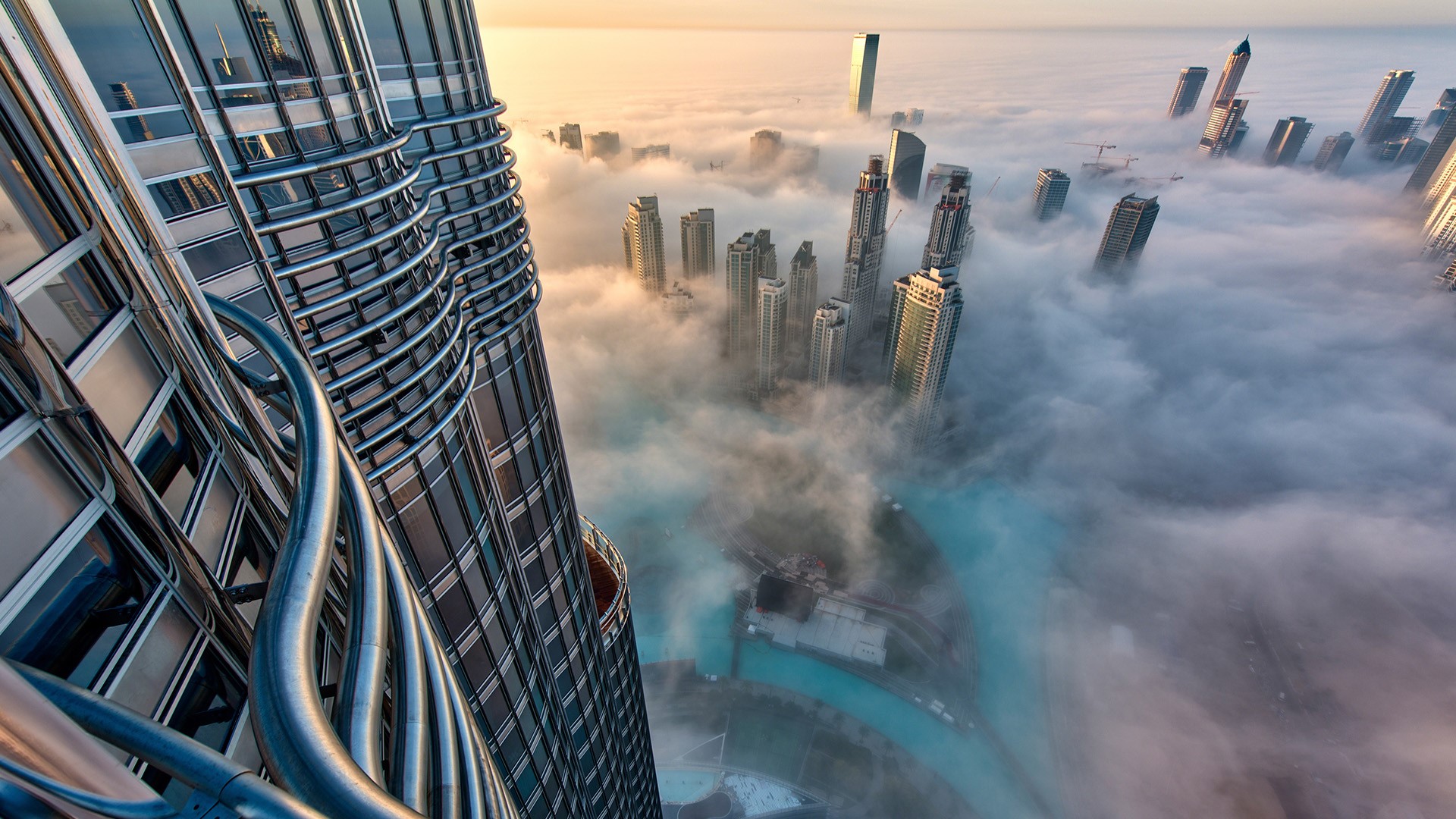 Aerial View Birds Eye View Skyscraper Cityscape Clouds Horizon Dubai United Arab Emirates Glass Burj 1920x1080