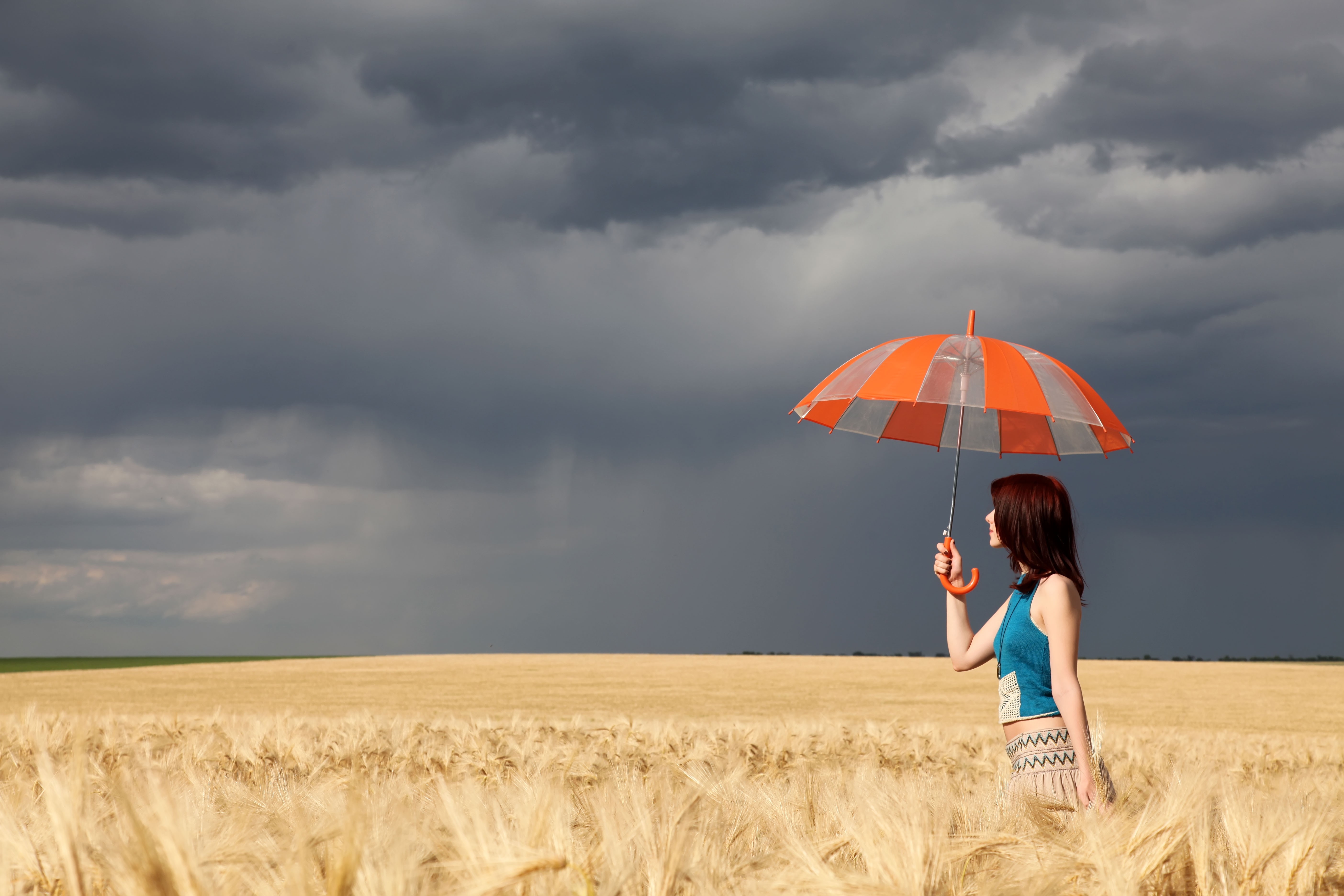 Women Model Dry Grass Umbrella Nature Overcast Field Sky Clouds Women Outdoors 5616x3744