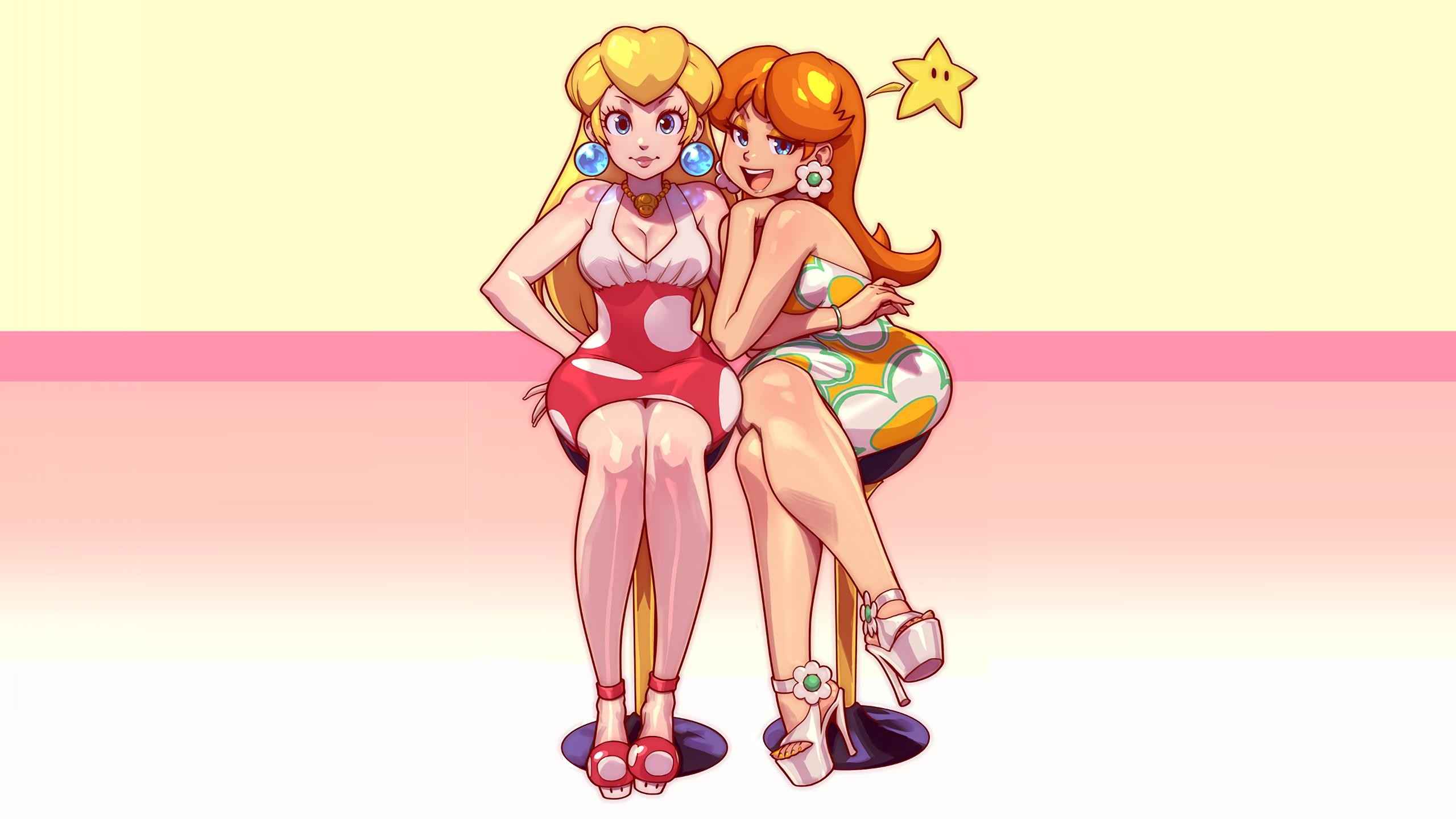 Princess Peach Super Mario High Heels Princess Daisy Blonde Redhead Feet 2560x1440