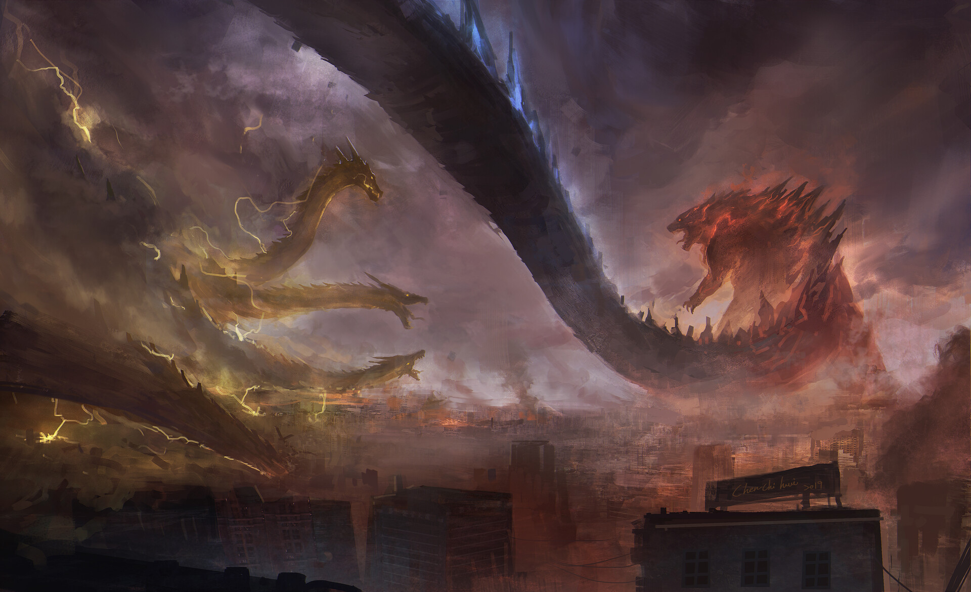 Godzilla King Ghidorah Digital Art Kaiju Creature Chi Huei Chen Science Fiction 1920x1170