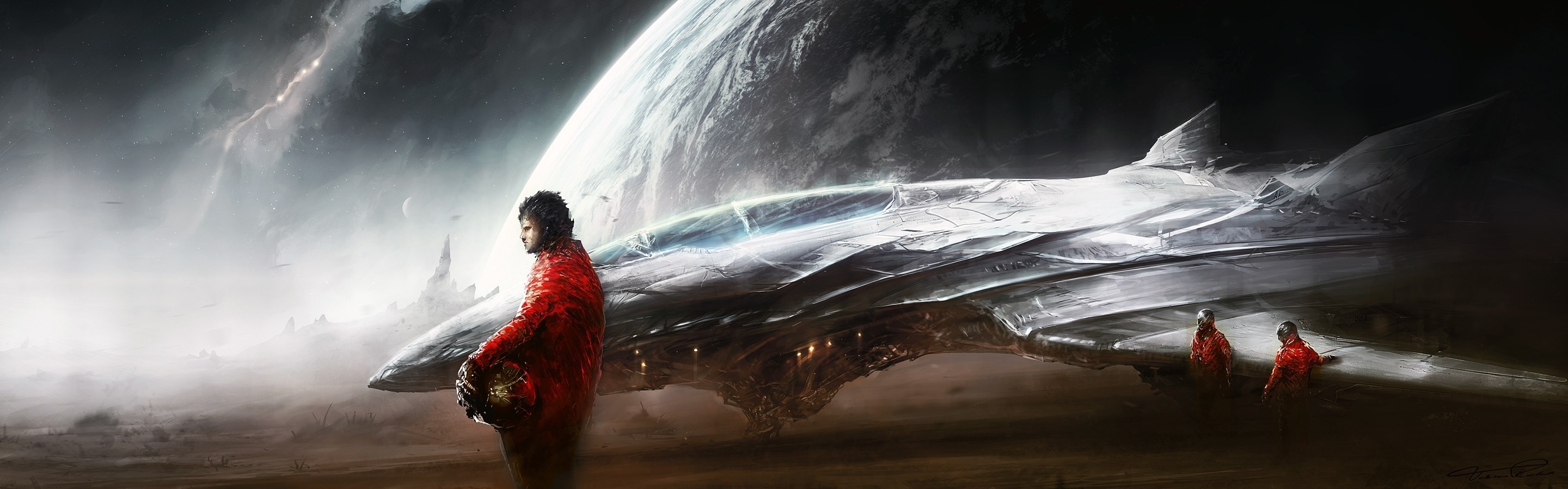 Artwork Digital Art Panoramas Spaceship Planet Futuristic Science Fiction 2880x900