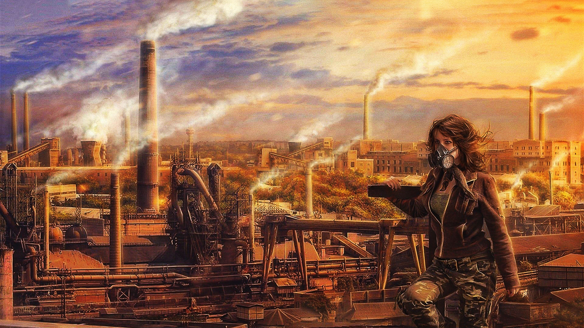 Gas Masks Apocalyptic Women Artwork Pollution Industrial Sky 1920x1080