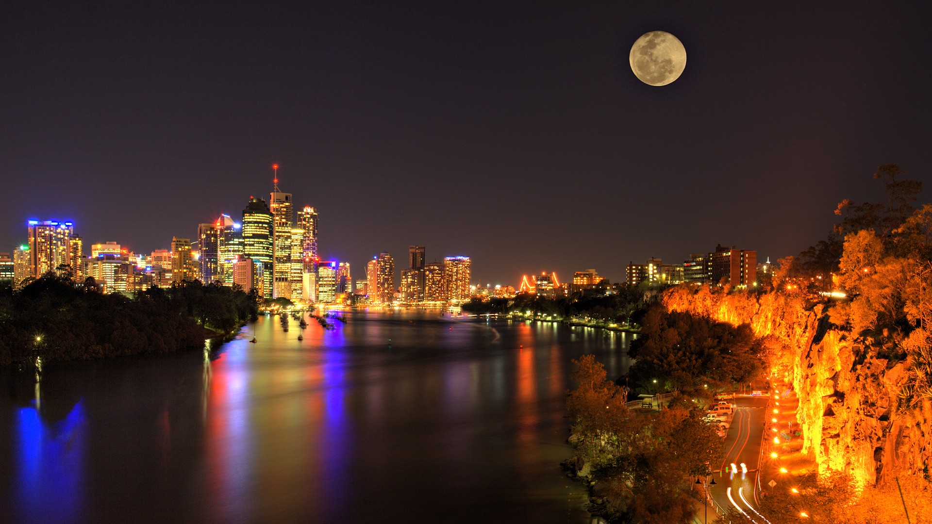 Cityscape Lights Building Moon River Night Australia Brisbane 1920x1080