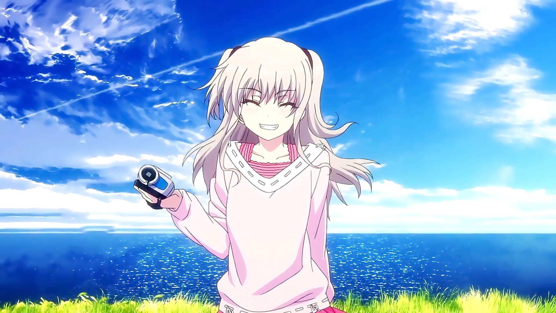 Anime Anime Girls Charlotte Anime Tomori Nao Sea Closed Eyes Silver Hair Sky Clouds Smiling Water Bl 1920x1080