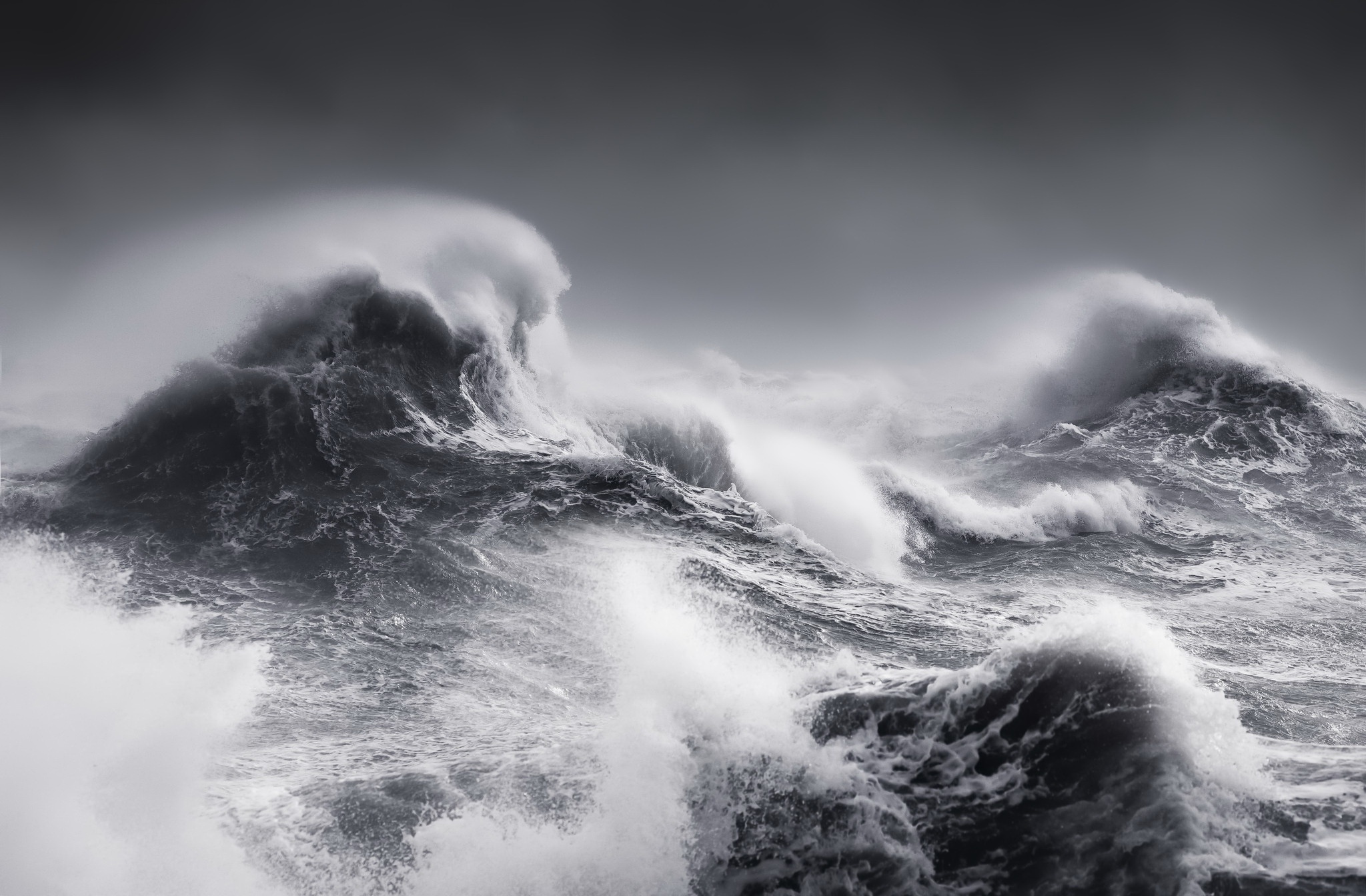 Storm Sea Nature Waves Water Gray Monochrome Splashes 2048x1344