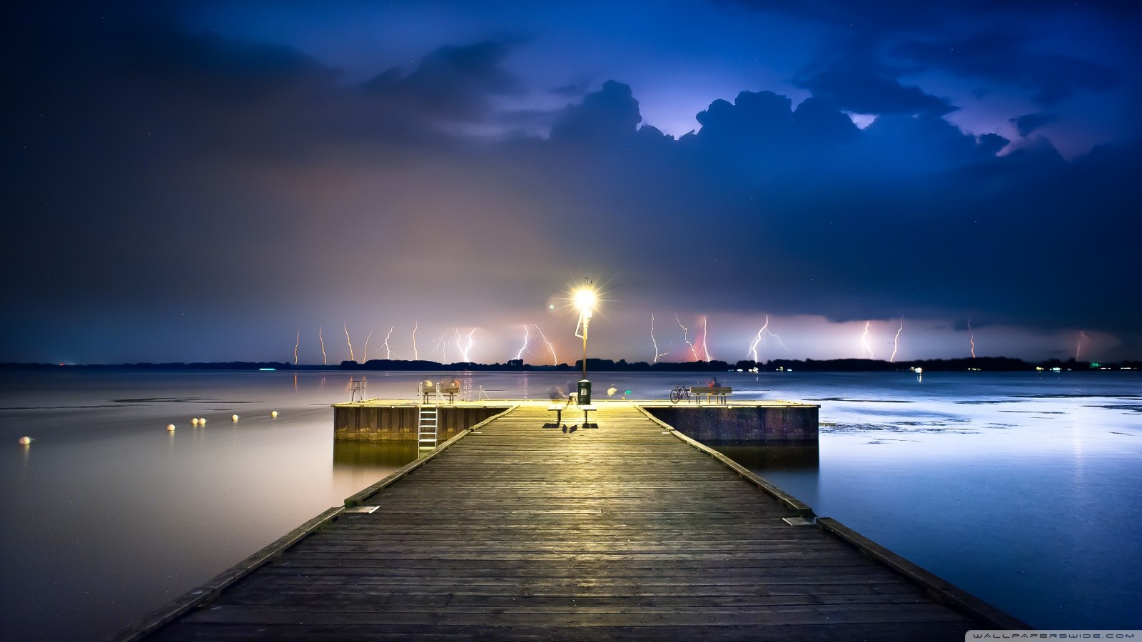 Landscape Pier Lightning Clouds Ontario Canada 1600x900