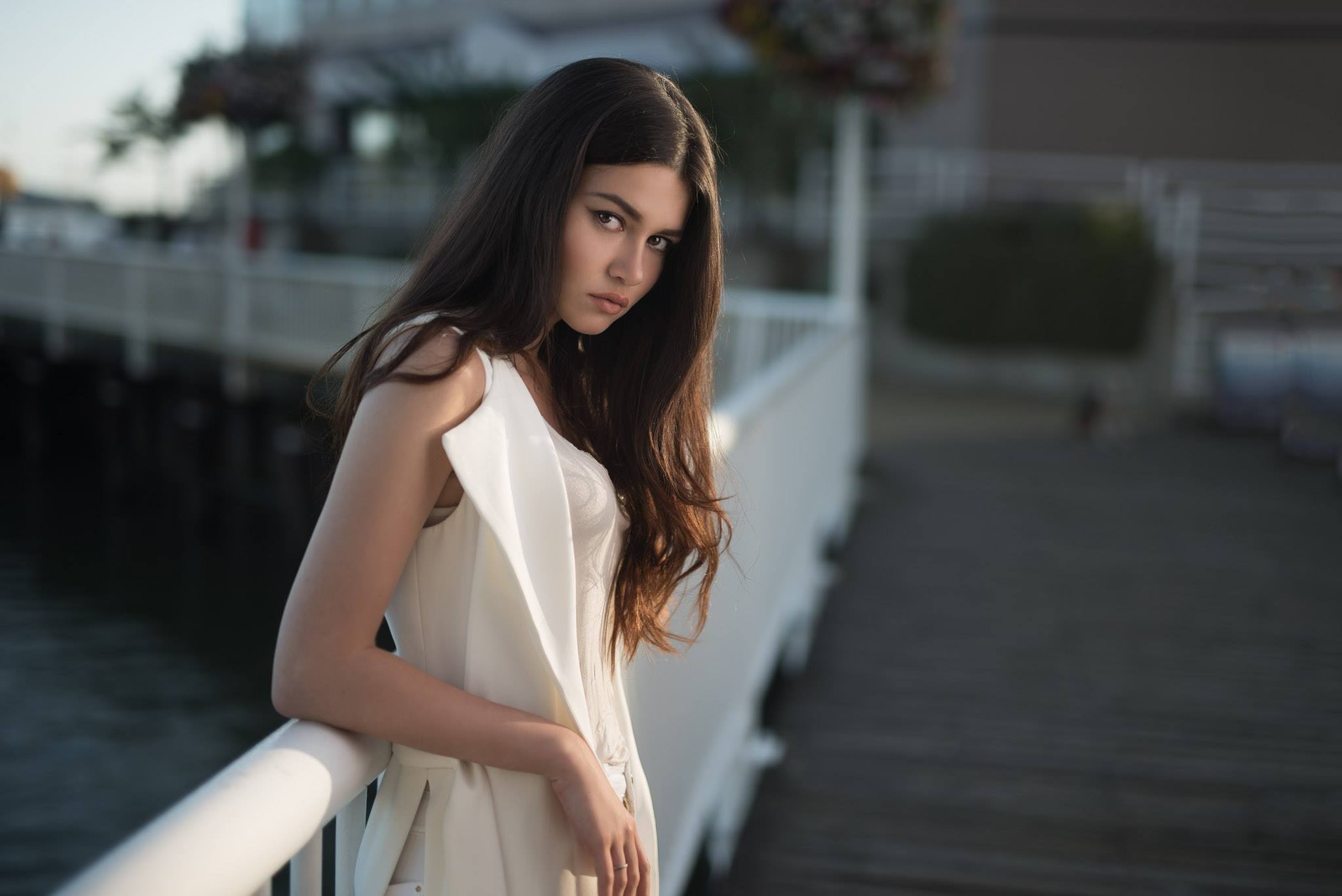 Women Women Outdoors White Clothing Brunette Dark Eyes Portrait Face Pier Depth Of Field Kyle Cong M 2048x1367