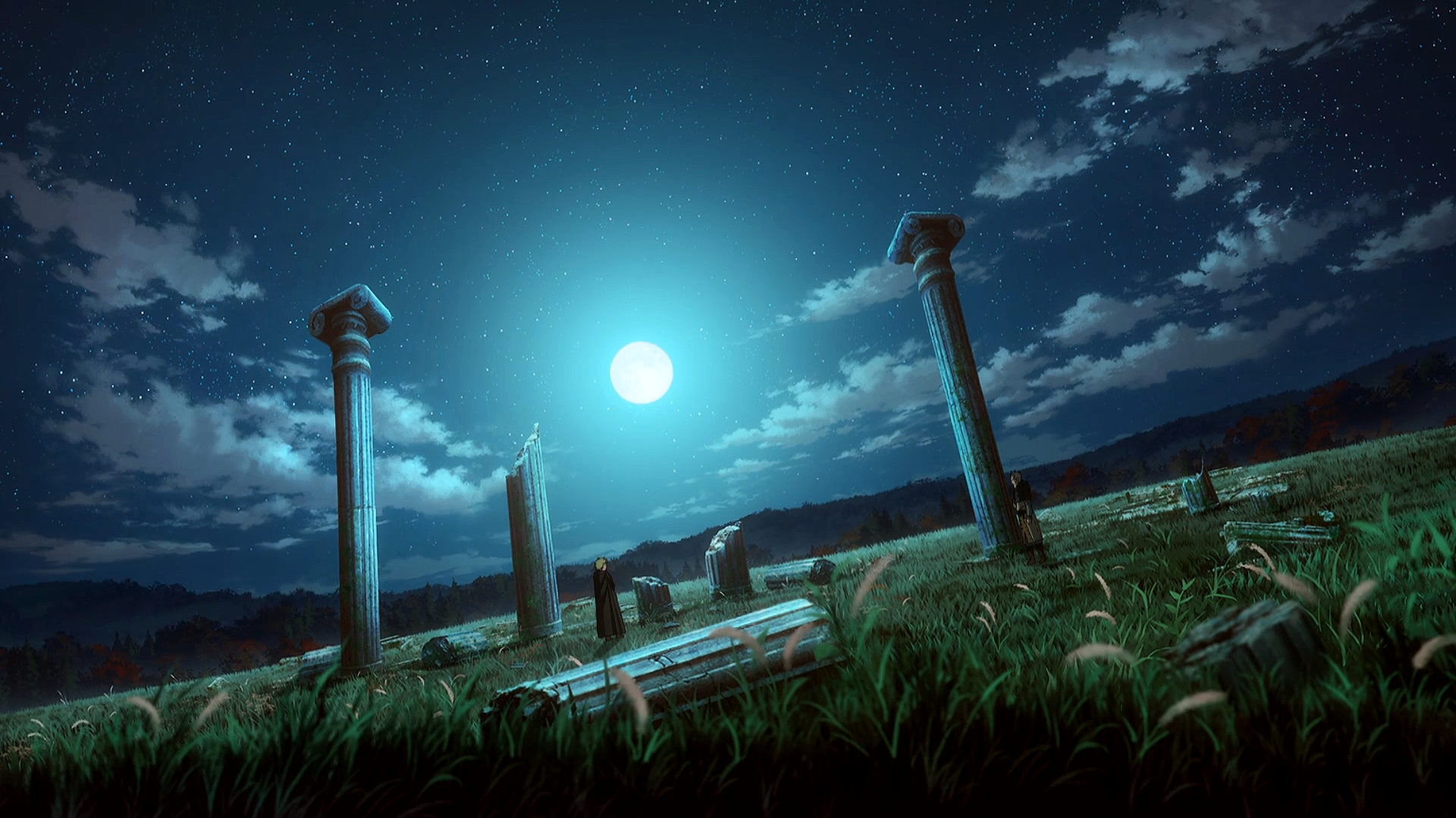 Vinland Saga Landscape Ruins Night Night Sky Moon Stars Clouds Roman Empire England Anime Manga Tree 1920x1080