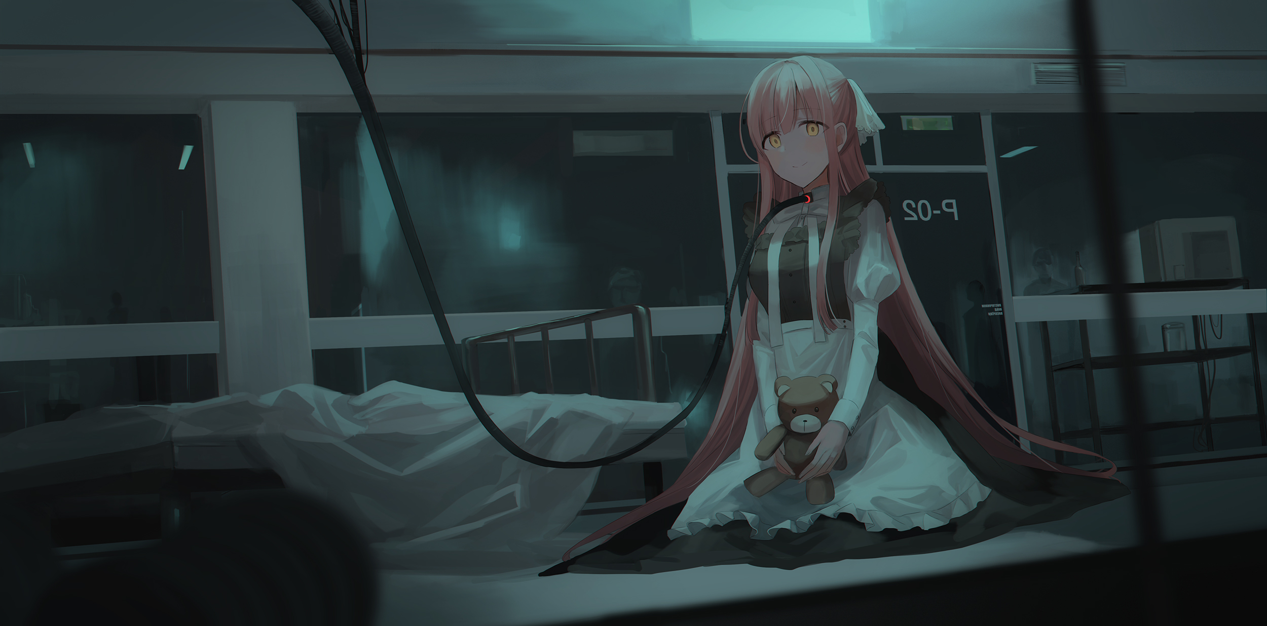 Anime Girls Original Characters Pink Hair Long Hair Yellow Eyes Maid Dress Apron On The Floor Bed La 2500x1236