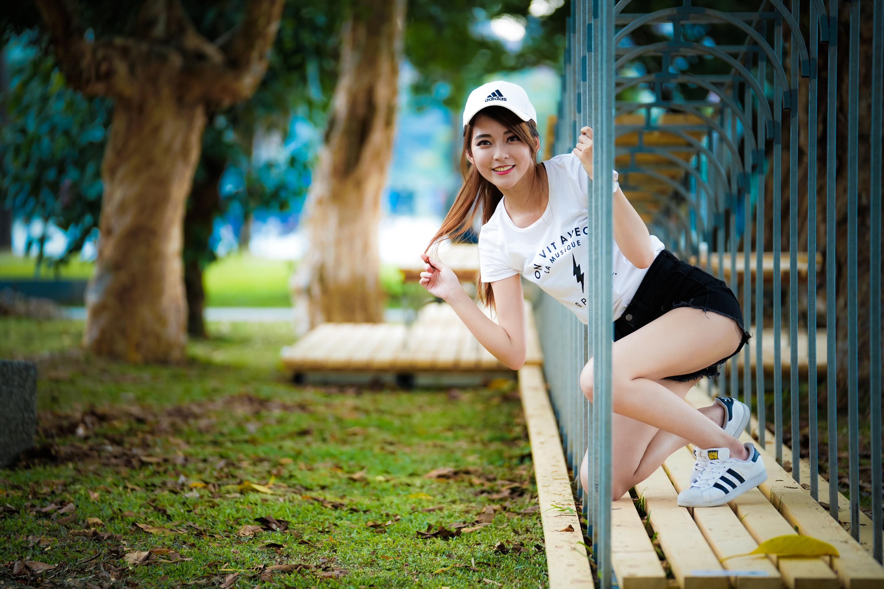 Women Women Outdoors Brunette Model Depth Of Field Asian Looking At Viewer Smiling Baseball Caps T S 3000x2000