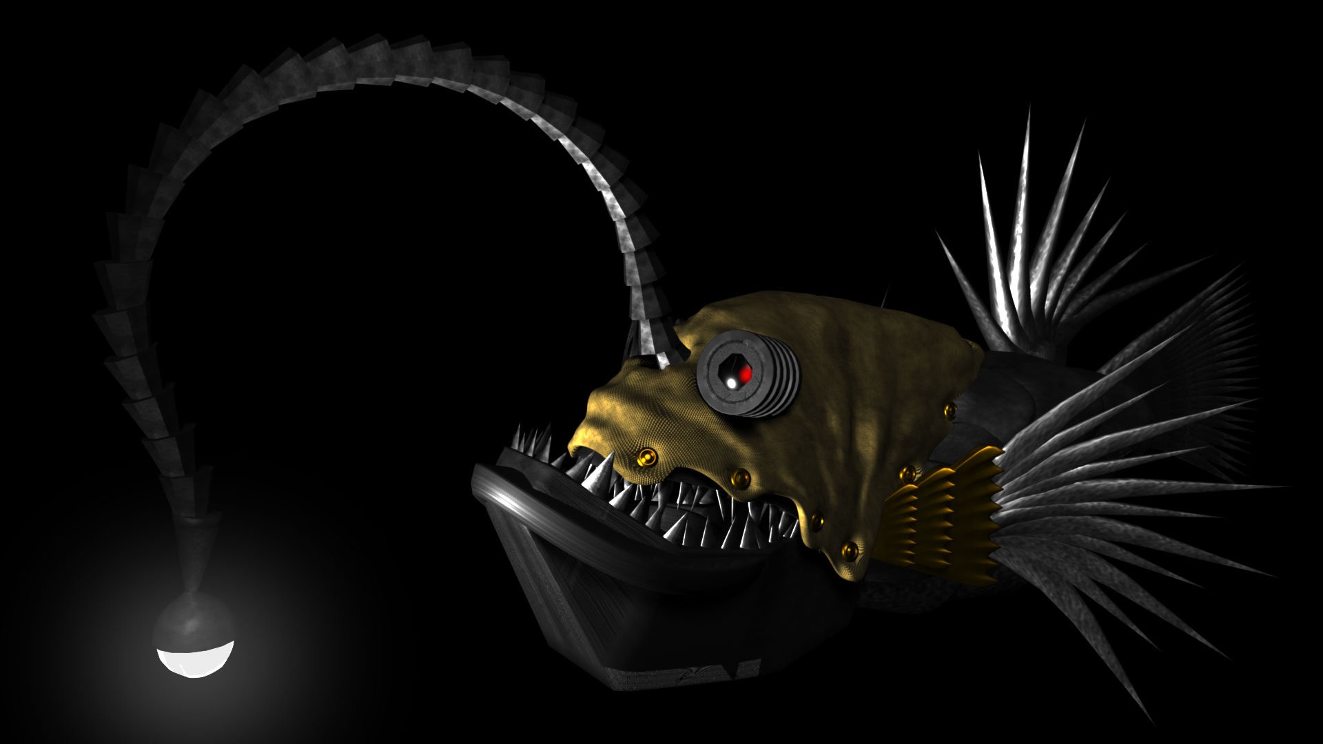 Digital Art Underwater Fish Fangs Anglerfish Lights CGi Render Steampunk 3D Black Background 1920x1080