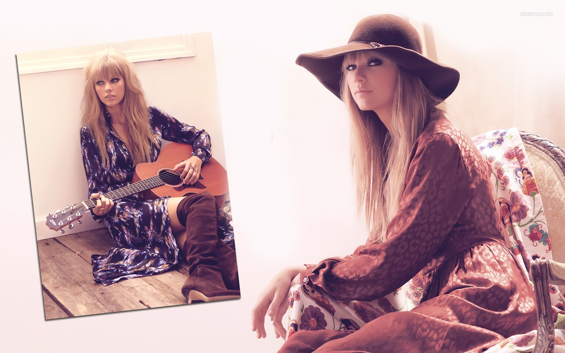 Taylor Swift Women Singer Blonde Photomontage Brown Dress Long Hair Guitarist Knee High Boots Lookin 1920x1200