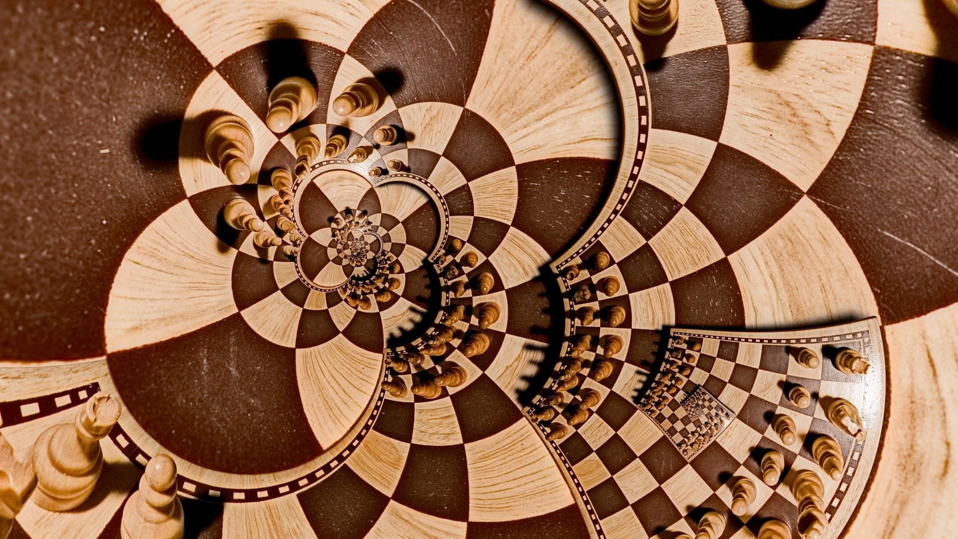 Digital Art Optical Illusion Brown Board Games Chess Pawns Distortion Circle Square Recursion 1920x1080