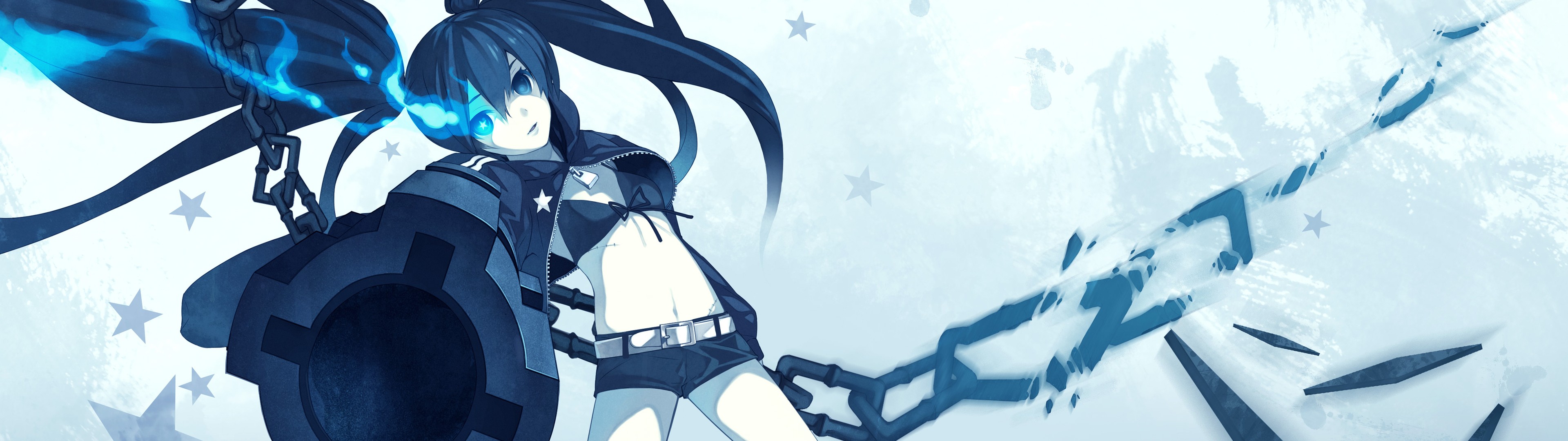 Dual Monitors Black Rock Shooter Anime Girls Long Hair Chains Anime Blue Eyes 3840x1080