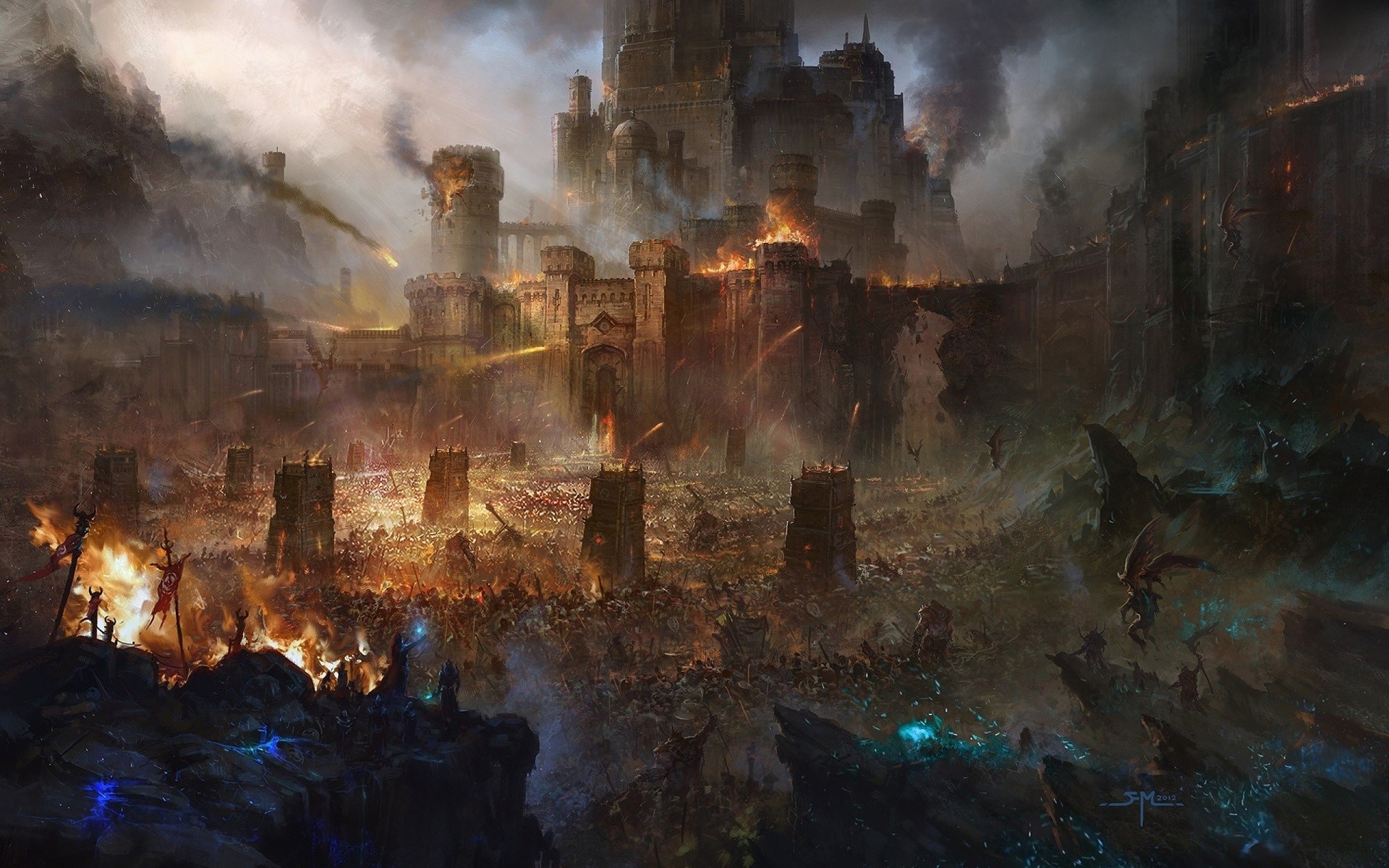 Artwork Fantasy Art Battle Siege Castle Army Fire 1920x1200