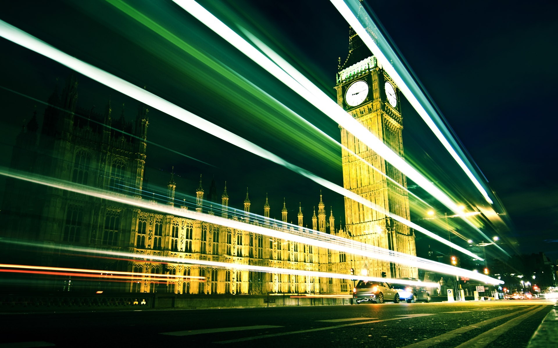 London City Motion Blur Long Exposure Westminster Green Big Ben Night Light Trails 1920x1200