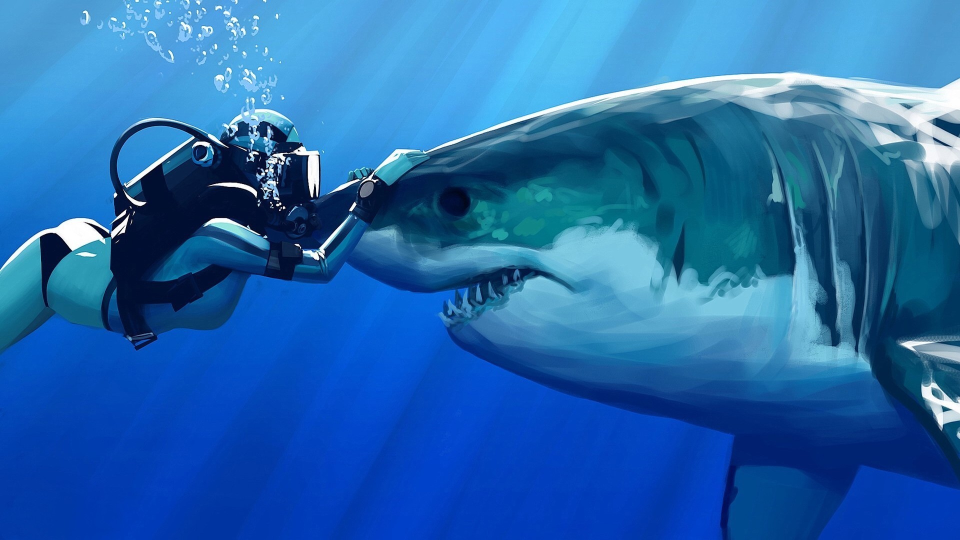 Digital Art Drawing Underwater Shark Sun Rays Blue Sea Bubbles Teeth Women Divers Great White Shark 1920x1080