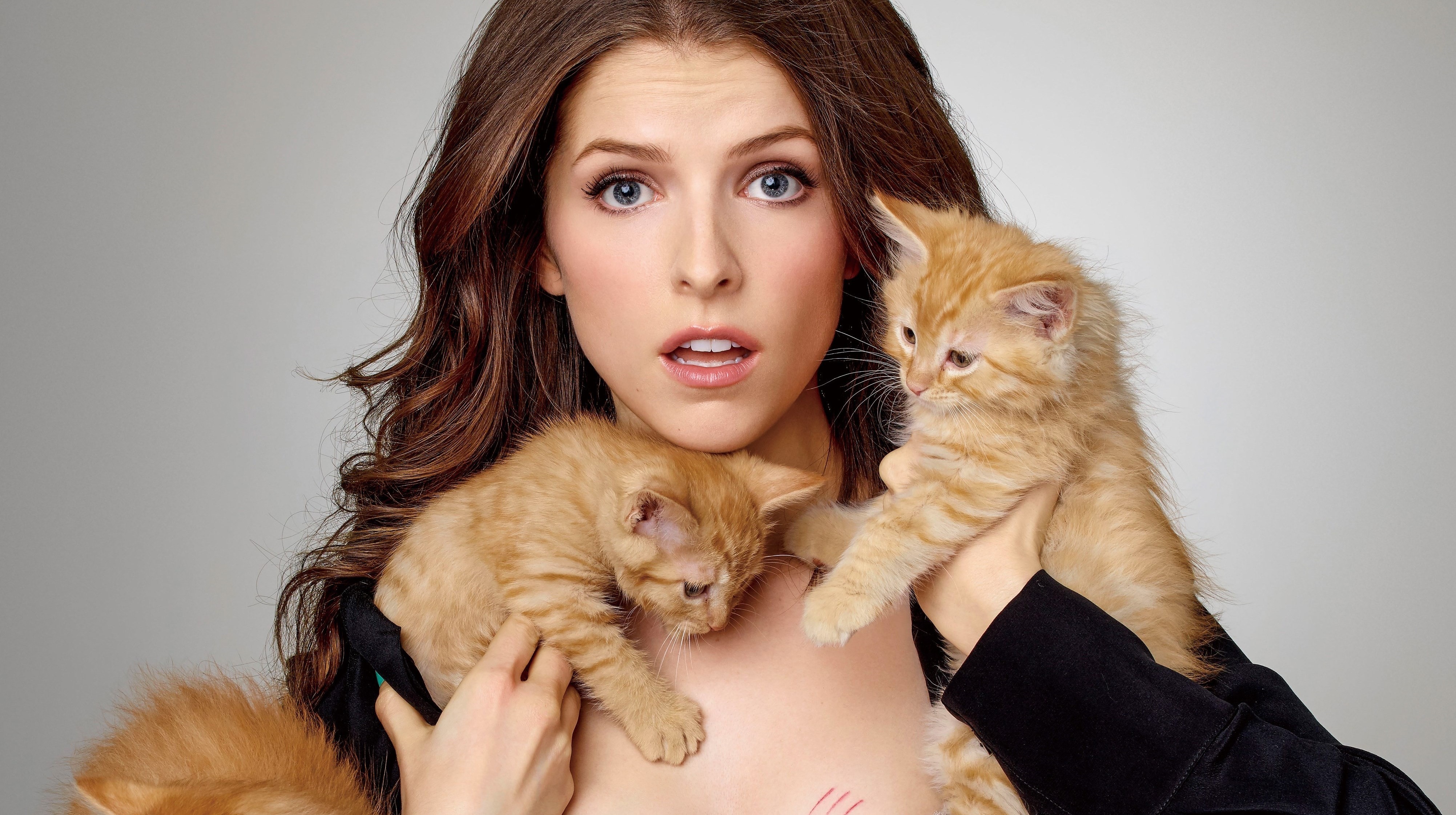 Anna Kendrick Women Actress Brunette Blue Eyes Cats Kittens Women With Cat Portrait Photography 4006x2244
