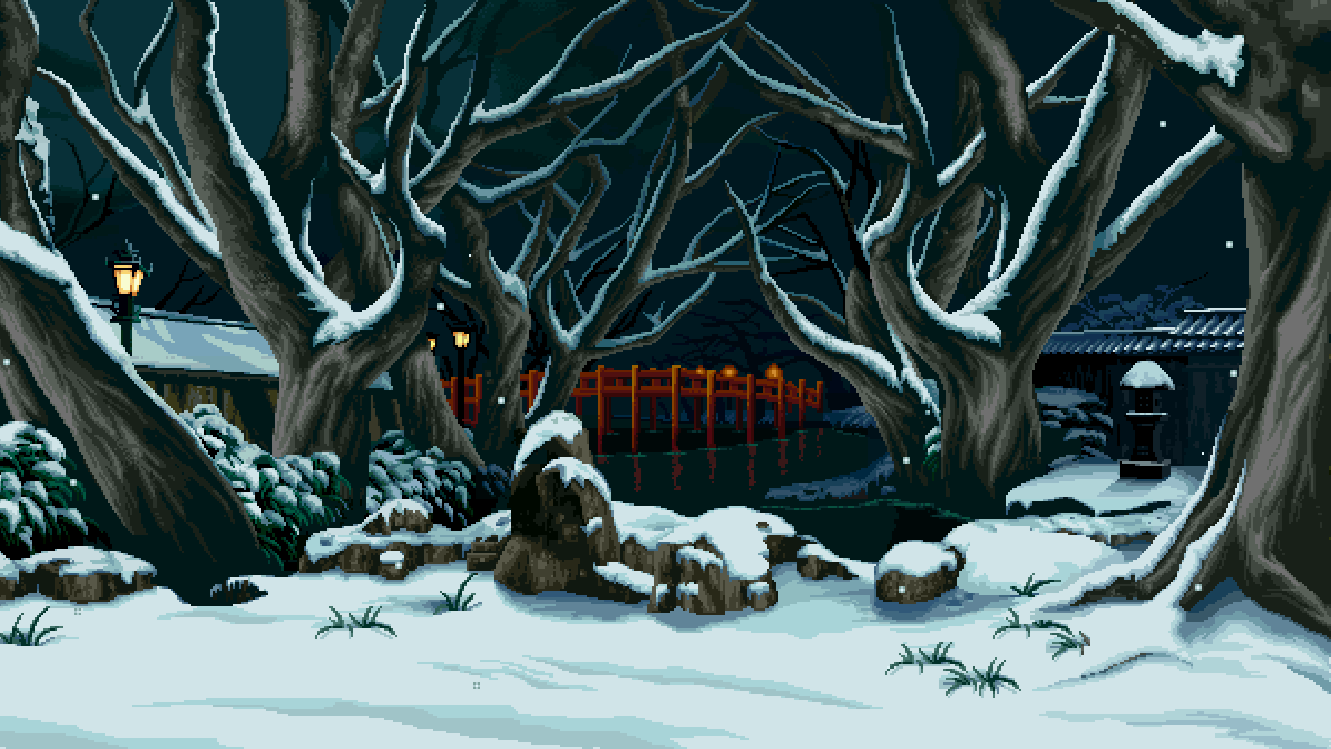 Digital Art Pixel Art Pixelated Pixels Nature Landscape Trees Winter Snow Bridge Stones House Lamp T 1920x1080